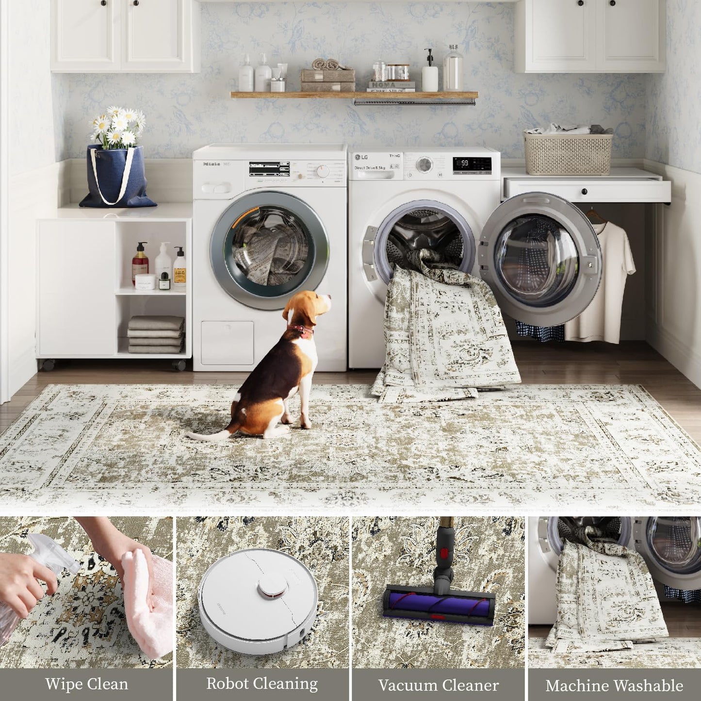 jinchan Washable Area Rug 4x6 Ultra-Thin Low Pile Non Slip Stain Resistant Soft Faux Wool Floral Rug Distressed Boho Vintage Carpet for Bedroom,Living Room,Dining Room,Kitchen,Nursery(Taupe, 4' x 6')