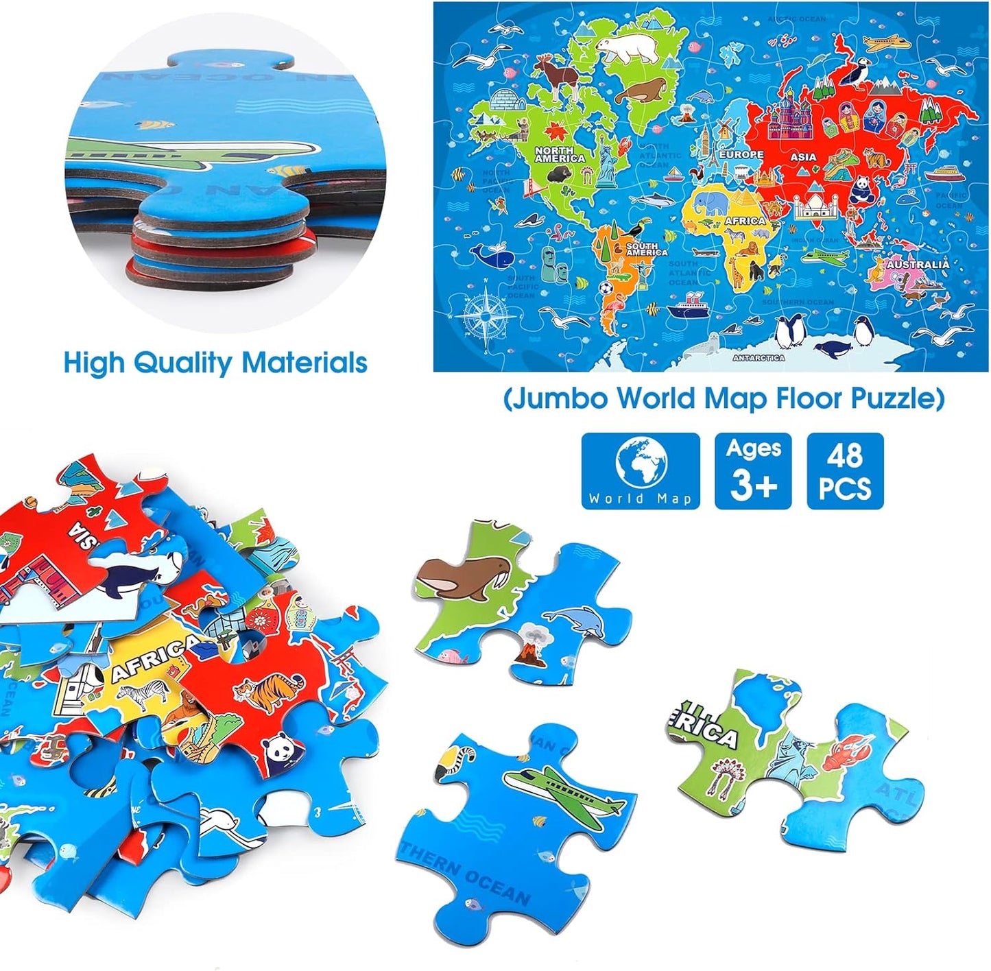 Jumbo Floor Puzzle for Kids,World Map Jigsaw Geography Puzzles,48 Piece Globe Atlas Puzzle with Continents,United States Puzzle for Ages 3-5,Preschool Learning Toys Gift for 4-8 Years Old