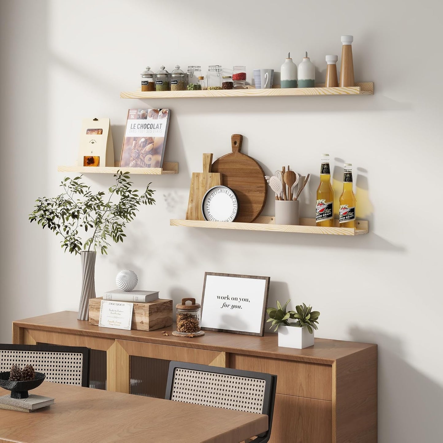 Picture Ledge Shelf for Wall, 36 inches Solid Pine Wood Nursery Book Shelves 3 Packs, Floating Ledge Shelves for Kids' Room Bedroom Bathroom Living Room Photo Frames Office Nursey Wall Decor, Natural