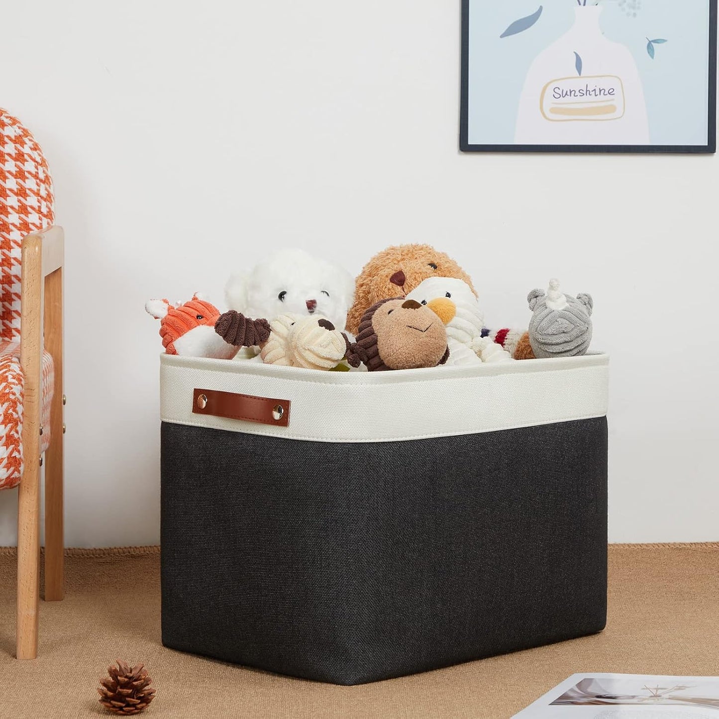 DULLEMELO Storage Bins Large-16"x12"x12" With Leather Handles for Organizing,Decorative Collapsible Storage Baskets for Shelves Closet Home Office (White&Black)