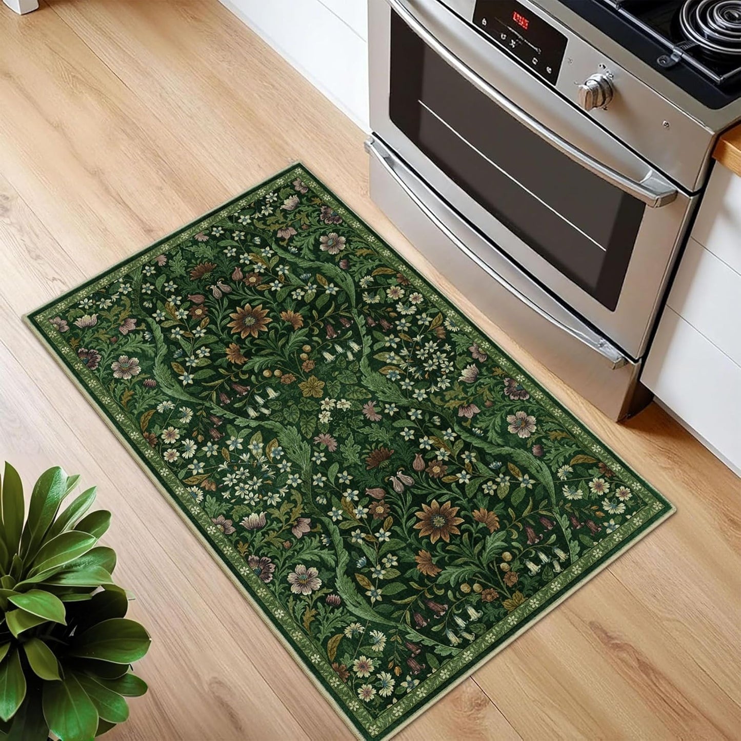 Floral 2x3 Entryway Rug,Washable Front Door Mat Indoor Non Slip Low Pile Small Carpet, Soft Green Boho Botanical Throw Rug for Bathroom Bedroom Kitchen Laundry Indoor Entrance