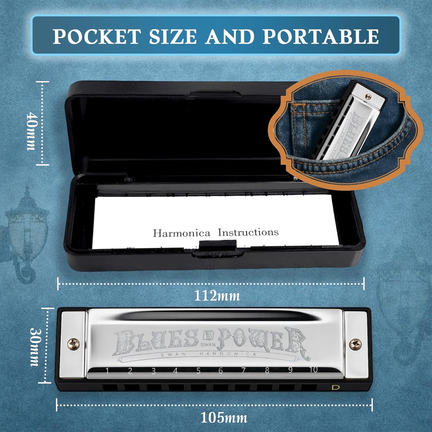 SWAN Blues Harmonica, Key of D, 10 Hole 20 Tone Diatonic Harp Mouth Organ, Stainless Steel Deluxe Harmonica for Adults, Students, Beginners, as a Gift (Silver-D)