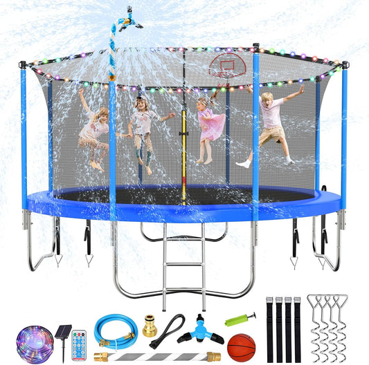 Upgraded 10/12/14/15/16FT Trampoline Outdoor, Large Kids Trampoline with Light, Stakes, Sprinkler, Backyard Trampoline with Basketball Hoop and Net, Capacity for 4-6 Kids and Adults
