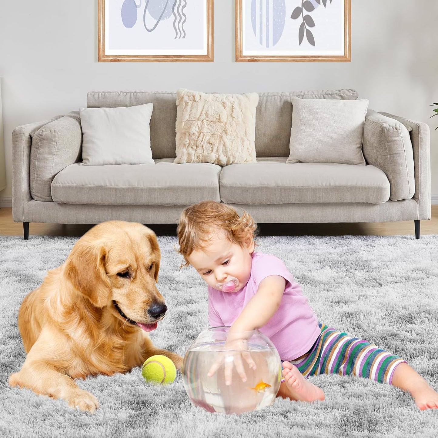 6x9 Area Rugs for Living Room, Fluffy Shaggy Bedroom Rug Indoor Carpet, Anti-Skid Soft High Pile Rug for Nursery, Kids Room, Bedside, Home Decoration, Tie-Dyed Light Grey