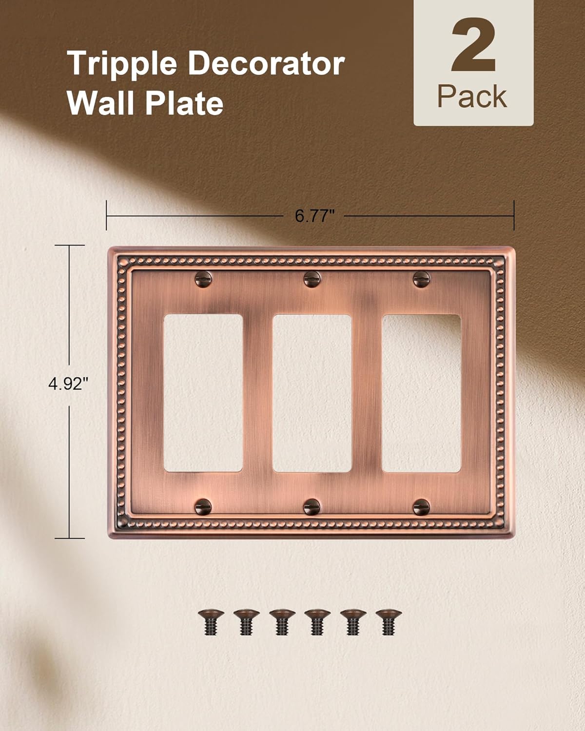 2-Pack Triple Decorator Outlet Cover Plate, Antique Copper Pearls Decorative Switch Plates and Outlet Covers, Metal Wall Plates for Electrical Outlets, Receptacle, GFCI Outlet, Dimmer Switch