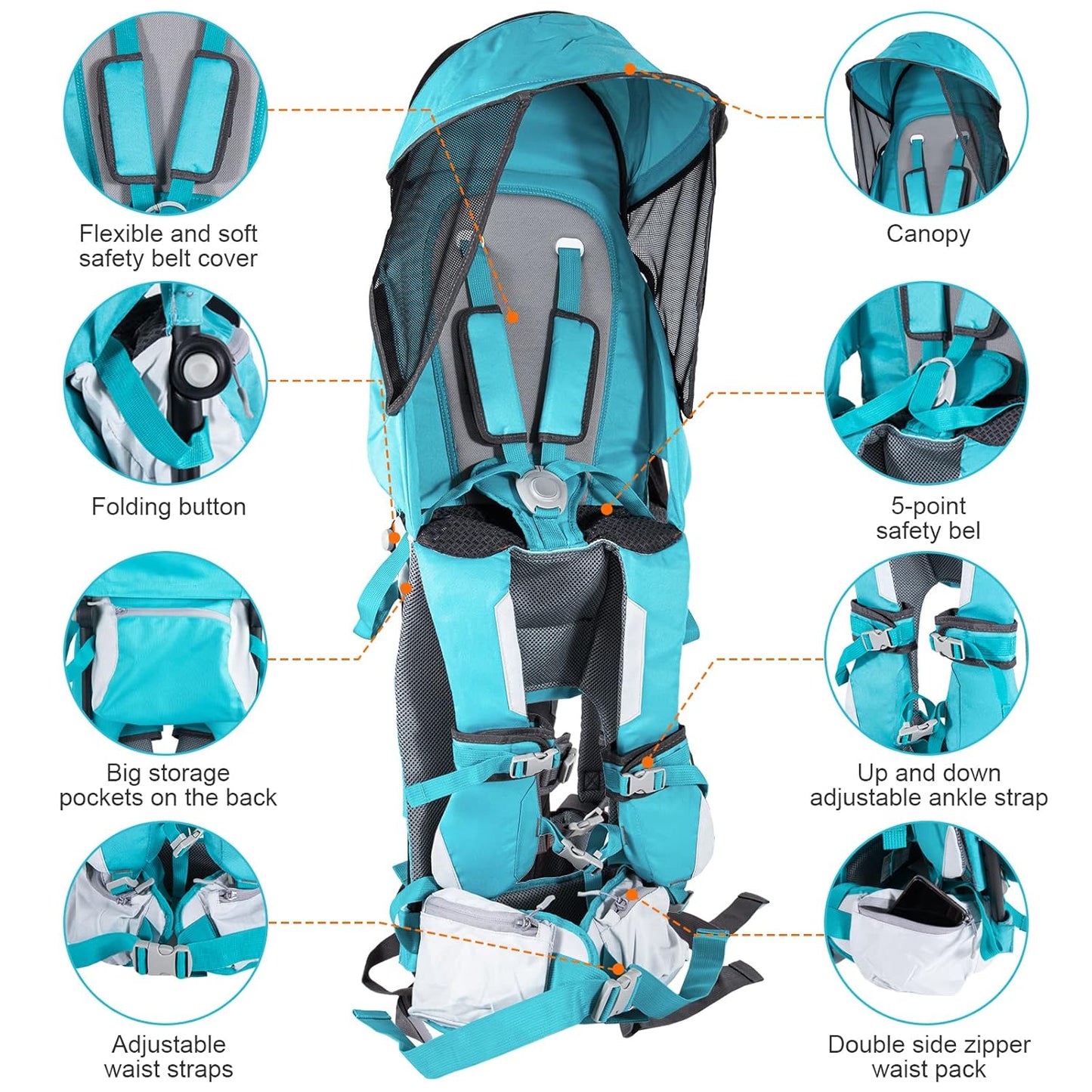 Baby Hiking Backpack Carrier with Rain Cover Sun Shade - Safe Backrest & Ergonomic Seat for Toddlers - Holds Up to 40 Pound - 6 Months to 3 Years