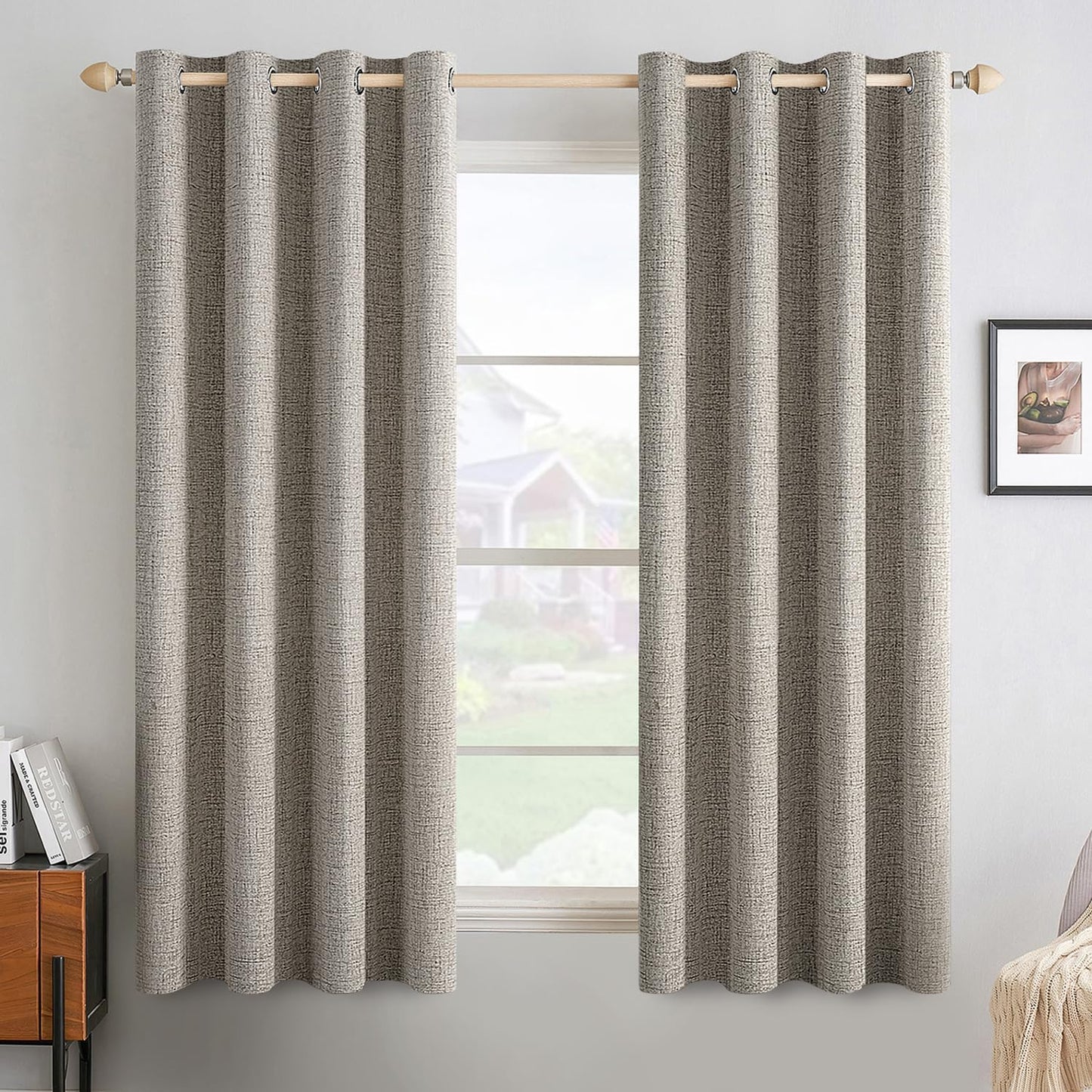 MIULEE Linen Texture Curtains for Bedroom Solid 100% Blackout Thermal Insulated Linen Curtains Grommet Room Darkening Drapes for Living Room Nursery 52x54 Inch (2 Panels)