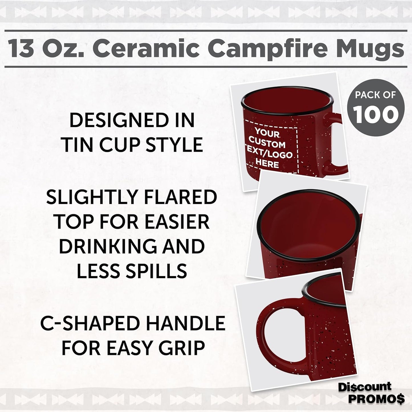 DISCOUNT PROMOS Custom Ceramic Campfire Coffee Mugs 13 oz. Set of 100, Personalized Bulk Pack - Perfect for Tea, Espresso, Cappuccino, Hot Cocoa - Maroon