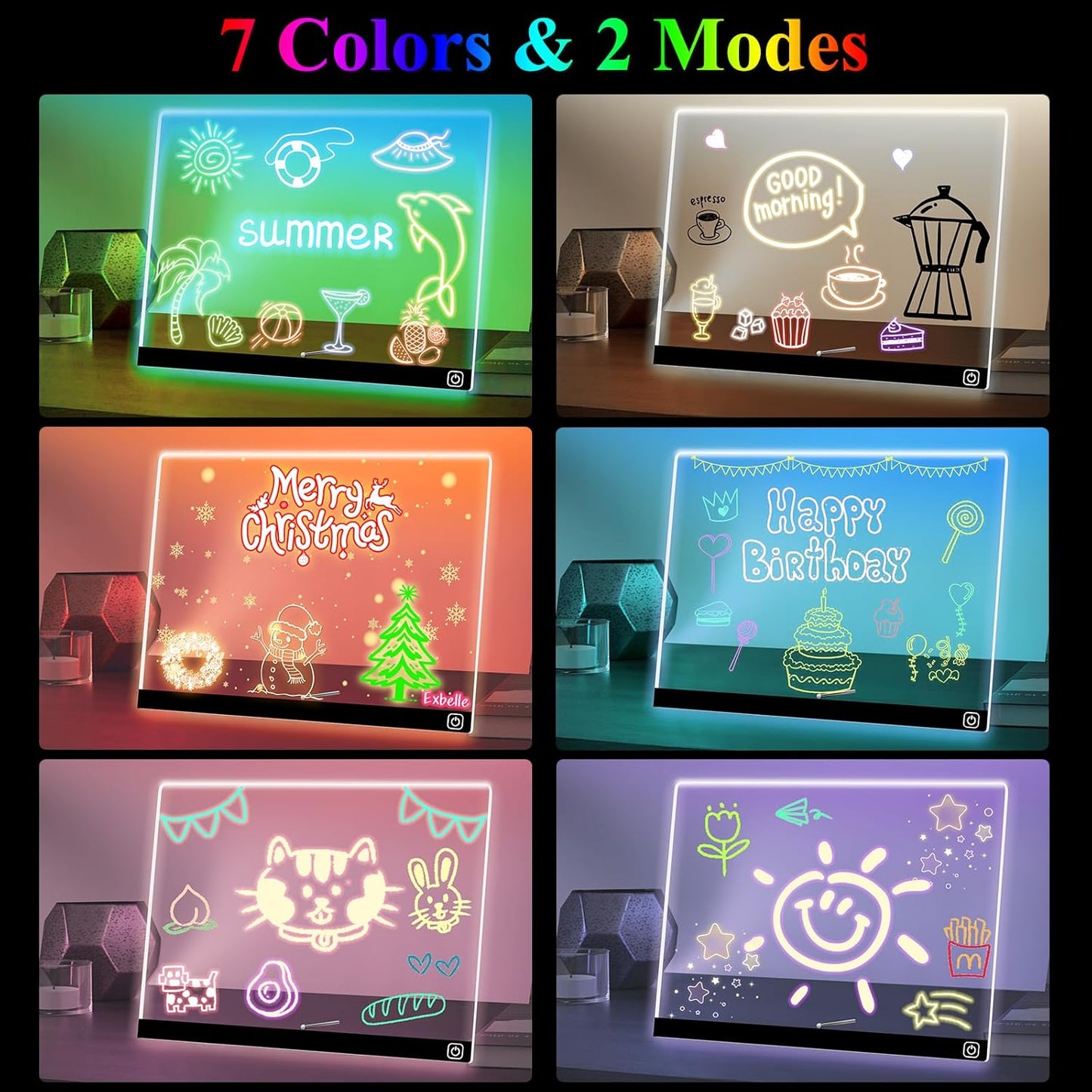 16“ LED Drawing Message Note Board 7 Colors Light Acrylic Dry Erase Lumiboard with Colors 2 Modes as Night Light for Kids Room/Store/Office Ideal Gift for Festival Decoration 7 Markers