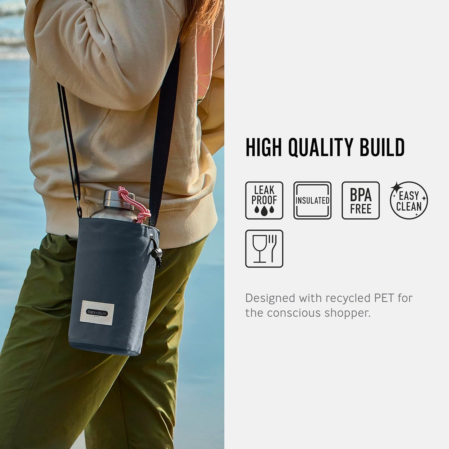 BLACK + BLUM Insulated Bottle Bag - Made with Recycled PET and BPA Free - Bottle Bag for On The Go, Slate