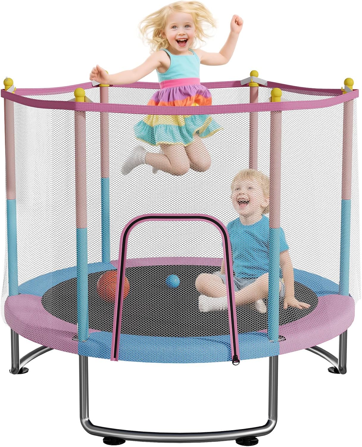 Kids Trampoline with Safety Net – 440lbs Capacity, Upgraded Rust-Proof Ring Legs, Adjustable Gymnastics Bar & Toys – Indoor Outdoor Toddler Trampoline for Boys & Girls Ages 1-8