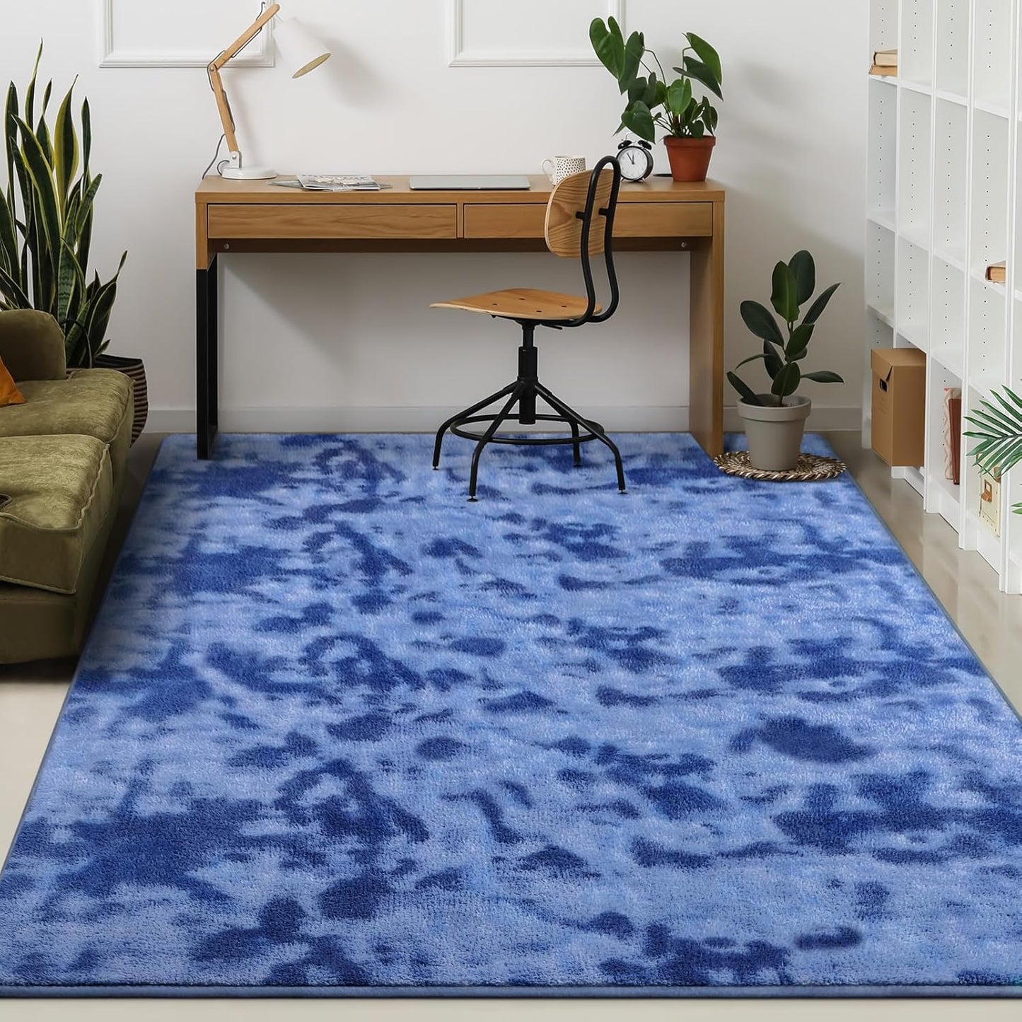 Kimicole 7x10 Washable Area Rugs for Living Room Bedroom, Large Low Pile Ulta-Thin Solid Color Rug, Non-Slip Soft Fluffy Carpet for Nursery Kids Room Dorm Room Home Decor (Blue)