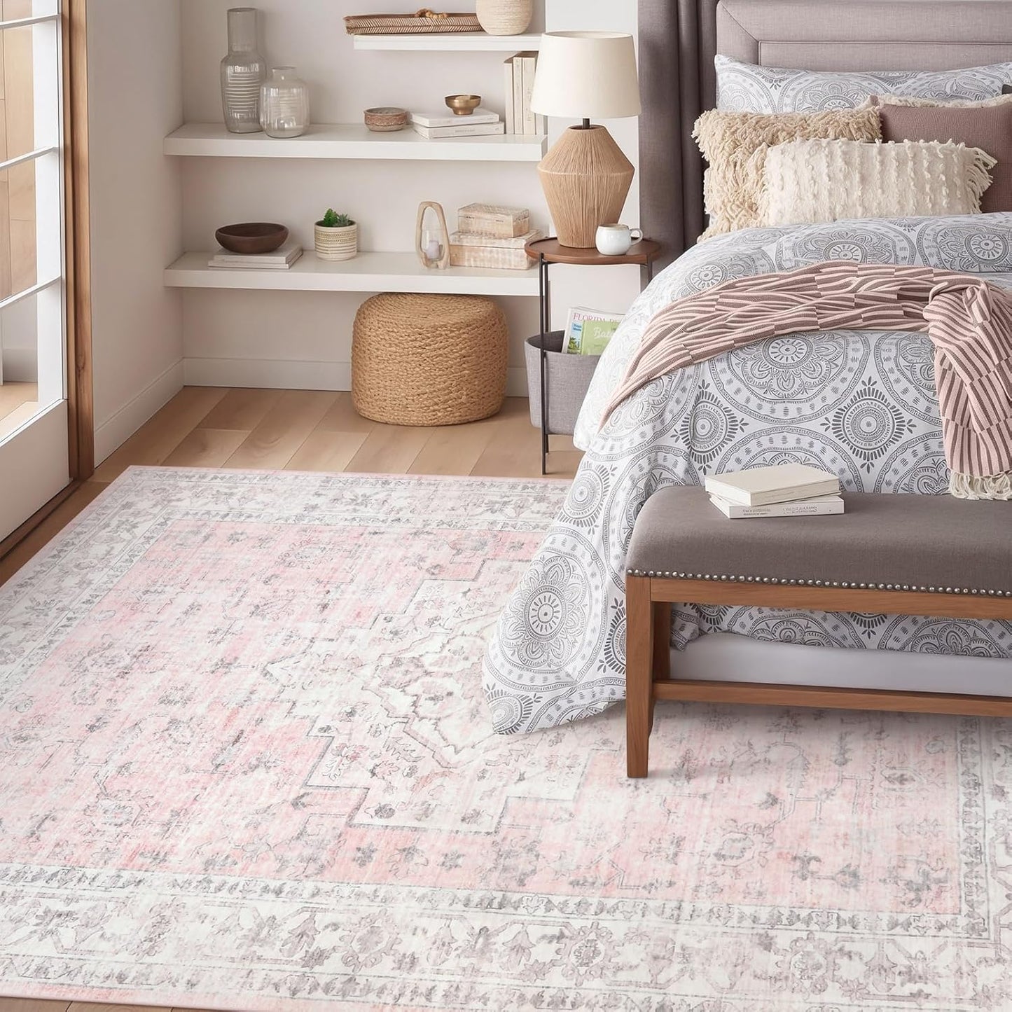 LIVEBOX Pink 8x10 Area Rug for Bedroom Girls, Boho Washable Rugs for Living Room Nursery, Non-Slip Indoor Soft Carpet Low-Pile Farmhouse Carpets for Dining Room Kids Playroom, Pink