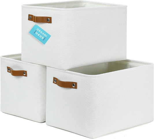 OrganiHaus Large Fabric Storage Baskets for Shelves 3 Pack | 15x11 inches Closet Bins Cloth Cubes Linen Organizers Basket - White Basket