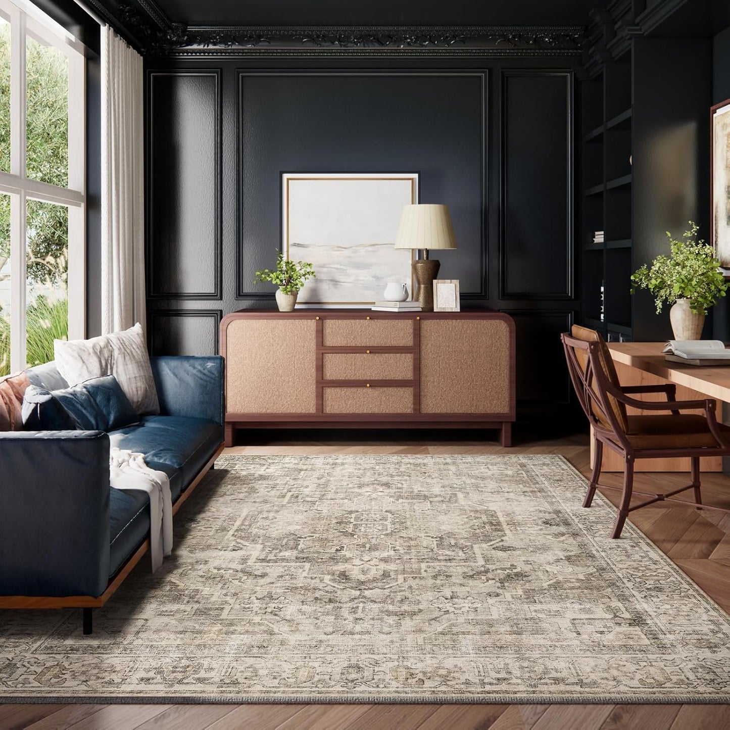 Washable Area Rugs for Living Room: 6x9 Bedroom Area Rugs Boho Vintage Rugs Stain Resistant Non Slip Low Pile Soft Lightweight Carpet for Kitchen Dining Room Farmhouse Nursery Kids Room Home Office