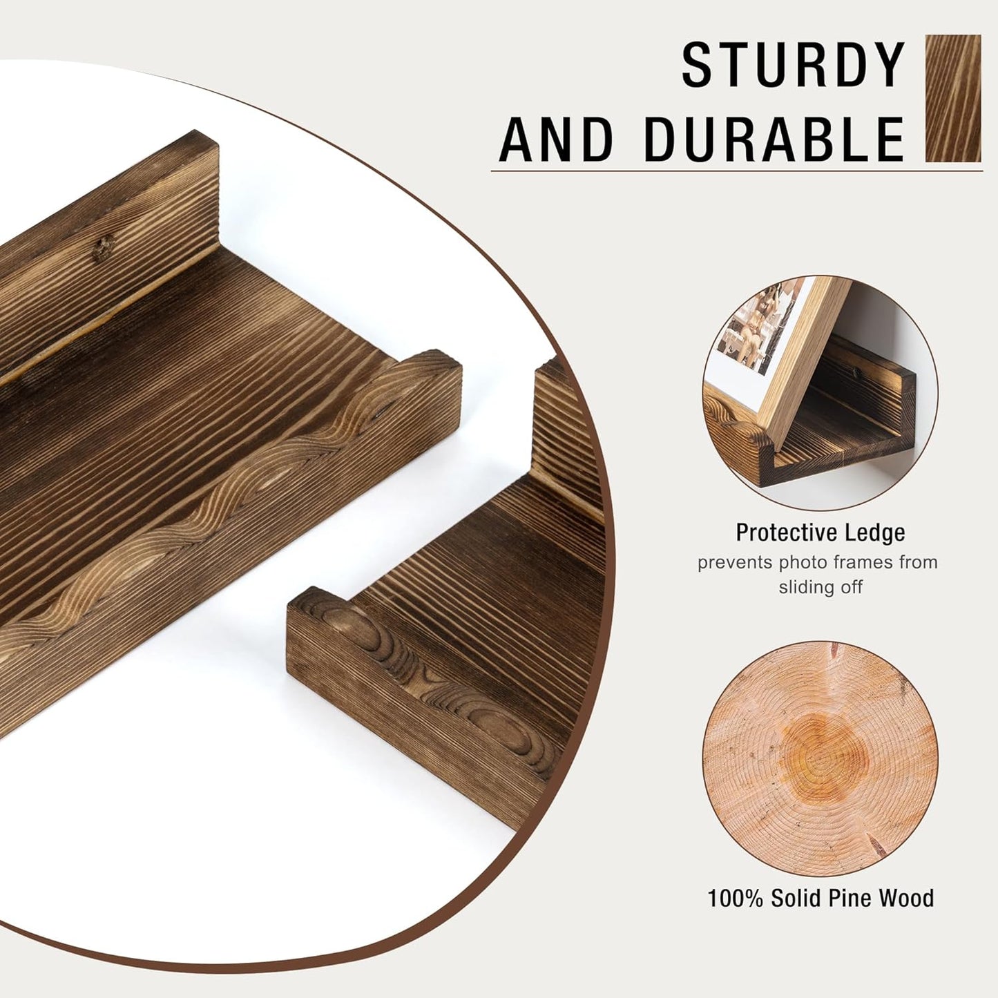 Fun Memories Picture Ledge Shelf for Wall, 16 inch Pine Wood Nursery Book Shelves Set of 4- Wall Book Shelves for Kids Room, Home Decor - Kitchen Spice-Carbonized