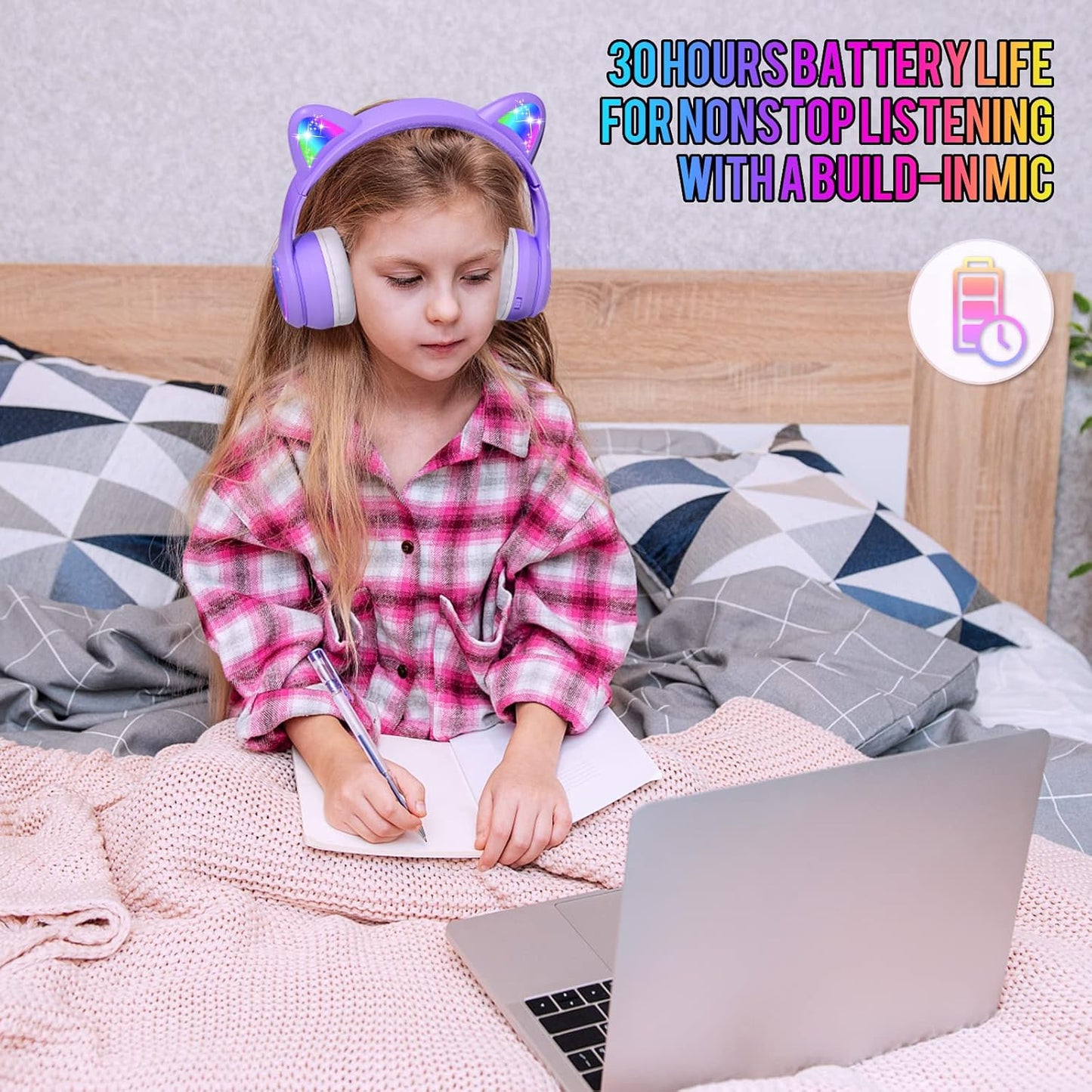 Kids Headphones with Microphone Light Up Cat Ear Bluetooth Wireless Headset Volume-limiting for Girls Boys for School Gifts with Case (Purple)
