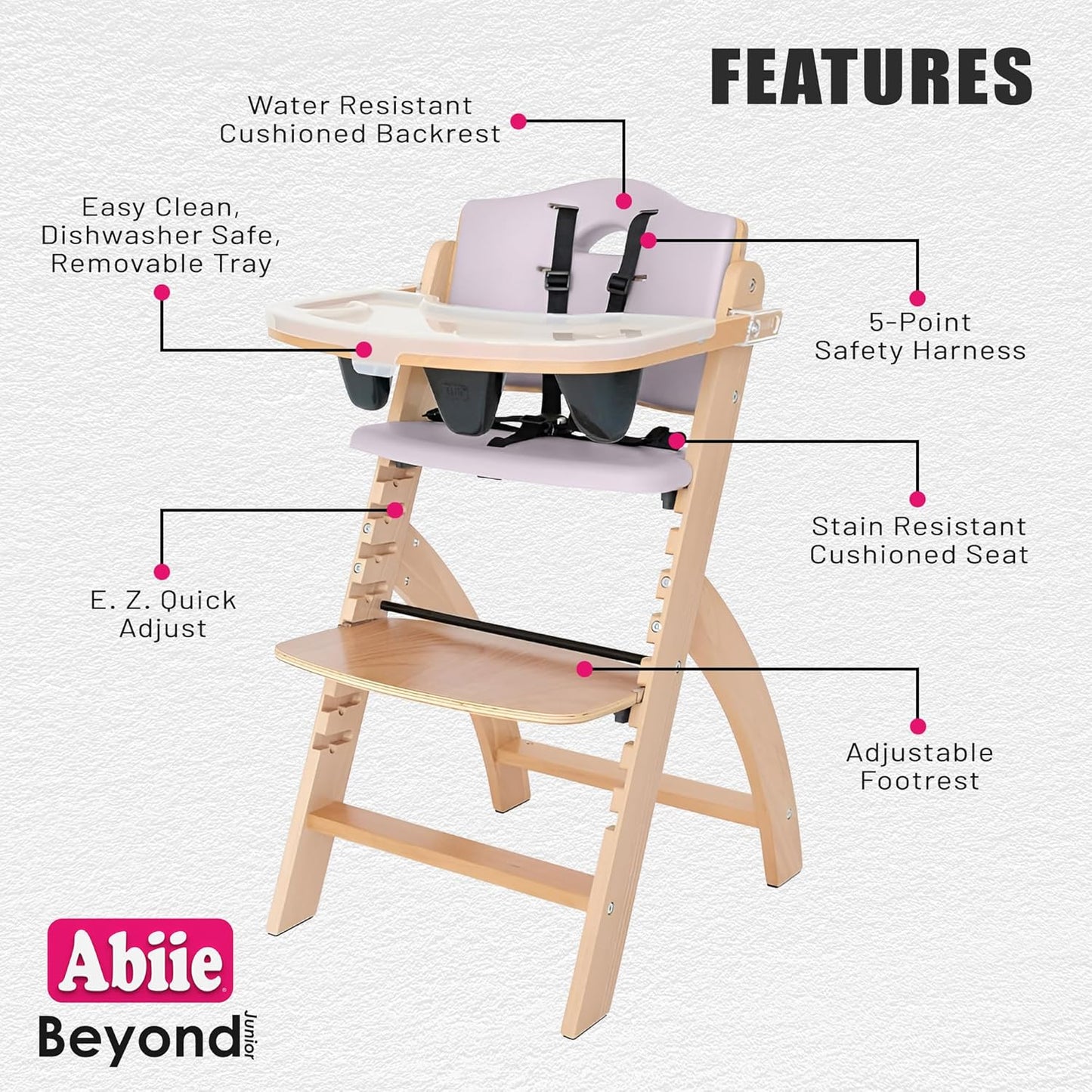 Abiie Beyond Junior Wooden High Chair with Tray - Adjustable and Convertible High Chair for Babies and Toddlers - 6 Months to 250 Lb - Water Resistant - Natural Wood with Lilac Cushion