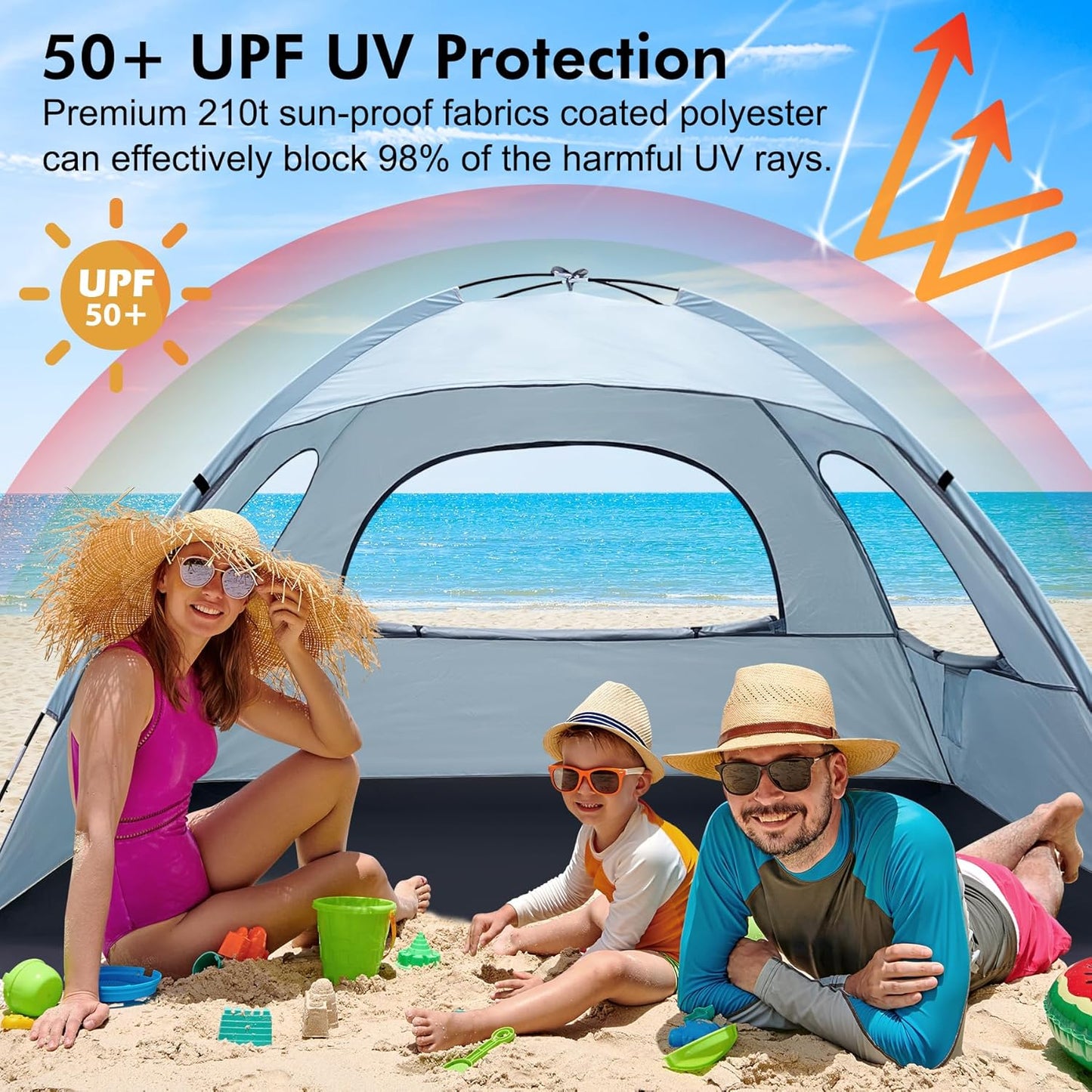 WhiteFang Beach Tent Anti-UV Portable Sun Shade Shelter for 3/4/6/8 Person, Extendable Floor with 3 Ventilating Mesh Windows Plus Carrying Bag, Stakes and Guy Lines