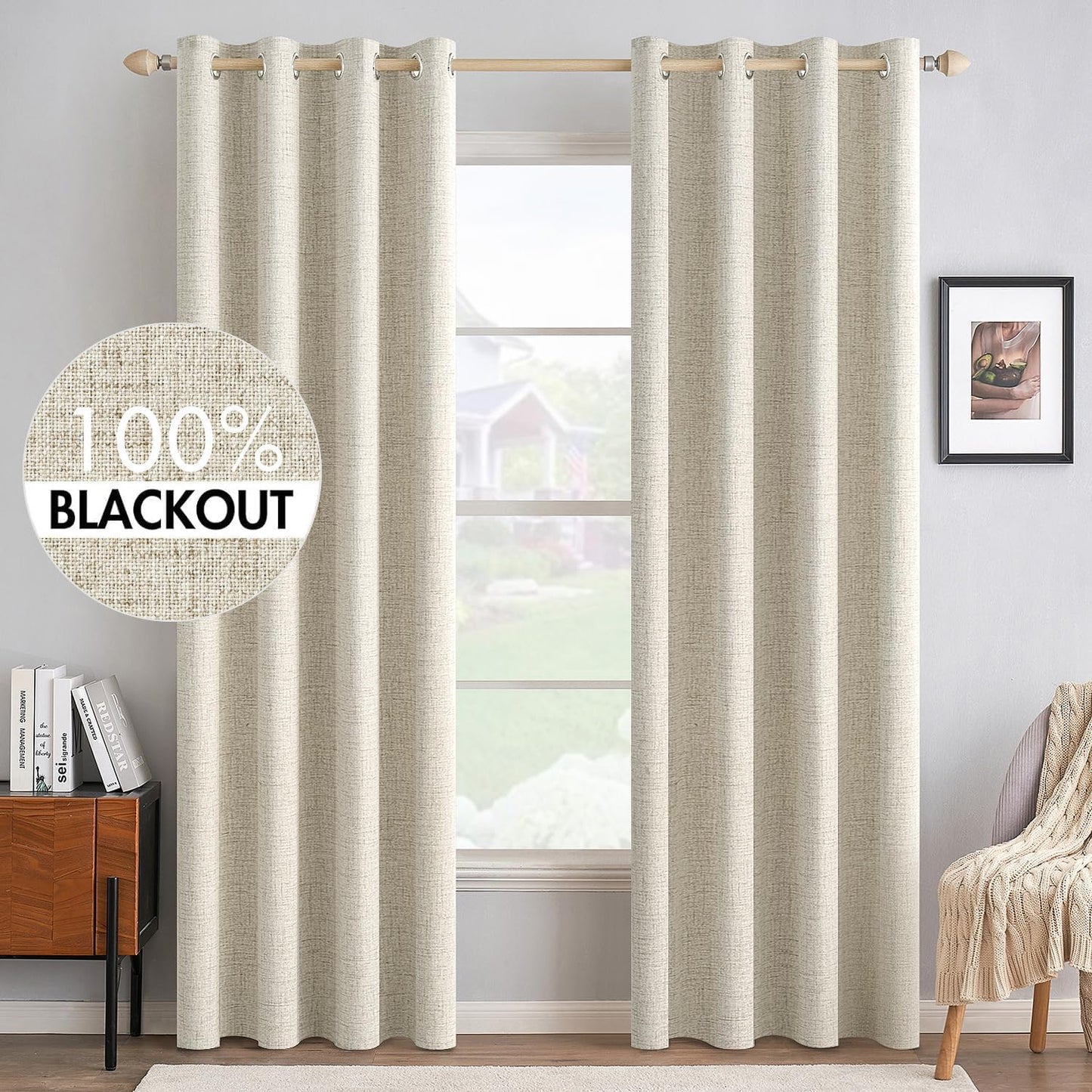 MIULEE 100% Blackout Linen Textured Curtains for Bedroom Solid Thermal Insulated Cream Grommet Room Darkening Curtains & Drapes Luxury Decor for Living Room Nursery 52 x 108 Inch (2 Panels)