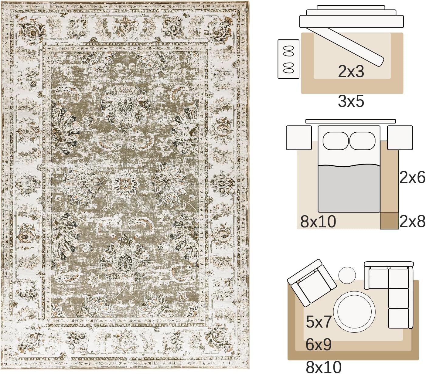 jinchan 6x9 Area Rugs for Living Room - Machine Washable Vintage Floral Distressed Design Stain Resistant Boho Carpet Ultra-Thin Low Pile Non-Slip Rug for Bedroom Dining Room Home Office (6‘x9',Taupe)