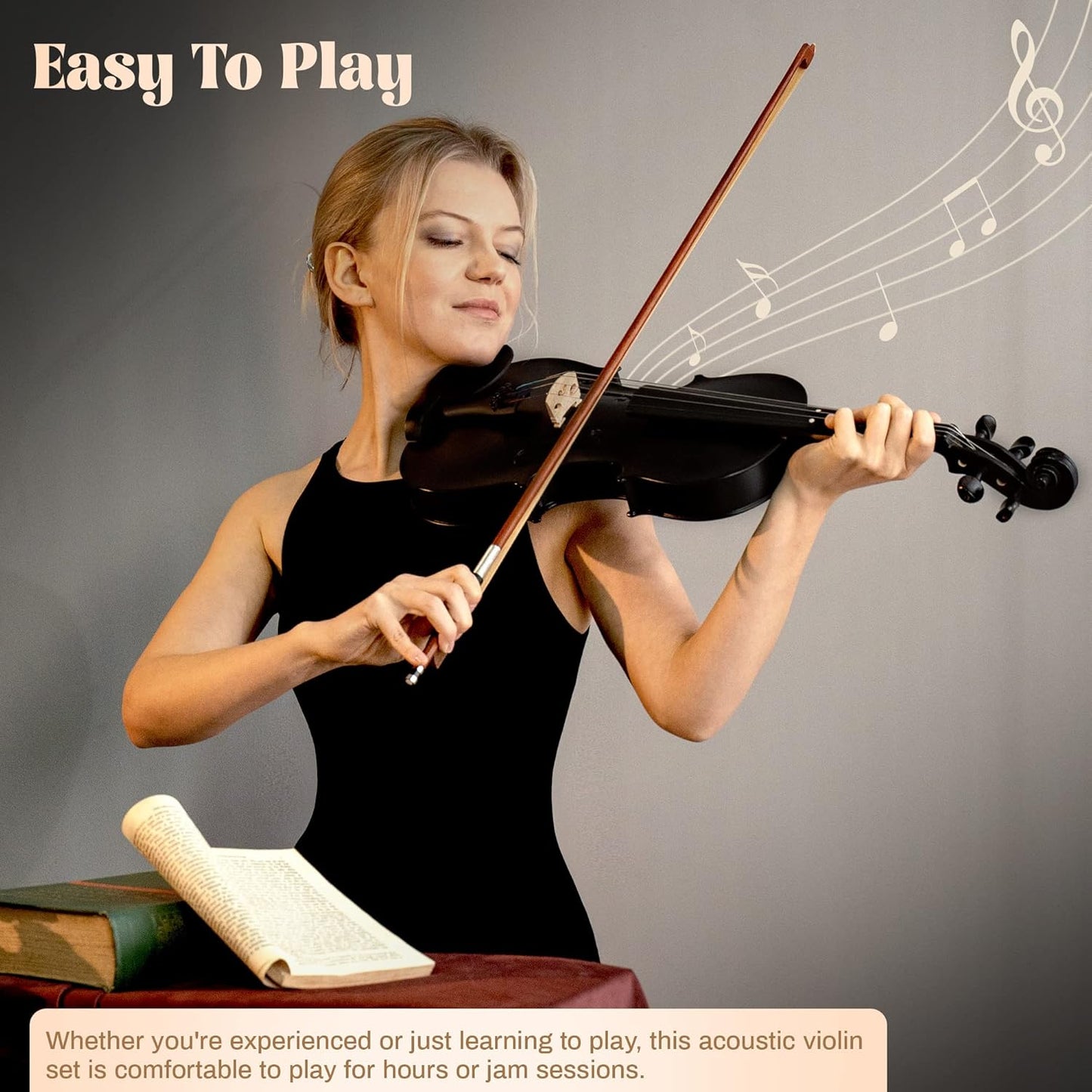 1/4 Violin Size Set for Beginners, Black Violin for Beginner Fiddle Kit with Hard Case, Violin Bow, Rosin, Horse Bridge, Strings 1/4 Full Set, Shoulder Rest, Clip-on Tuner, Manual Instruction