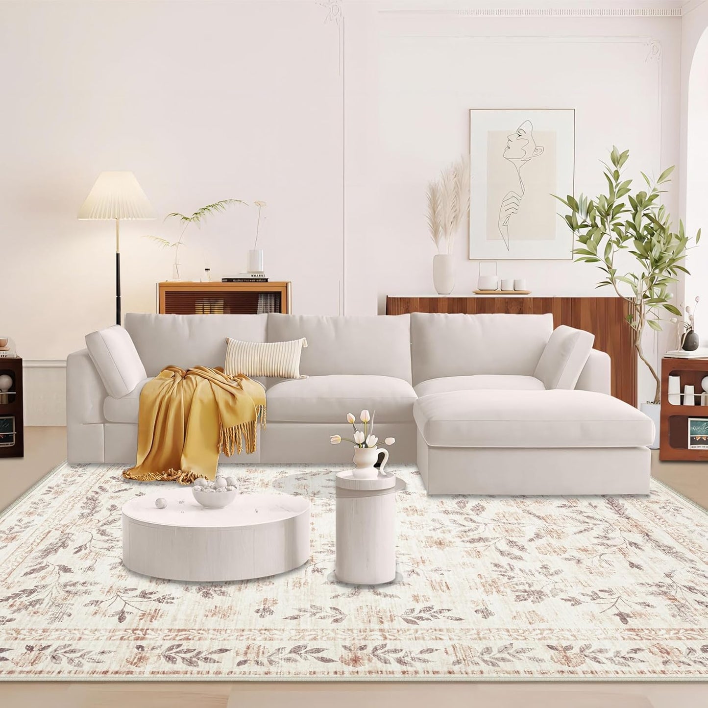 Rugs for Living Room 9x12 Rug, Washable Floral Boho Area Rug Non Slip Soft Low Pile Large Rugs for Bedroom Girls, Dining Room, Office, Kids Playroom(9'x12', Floral Beige)