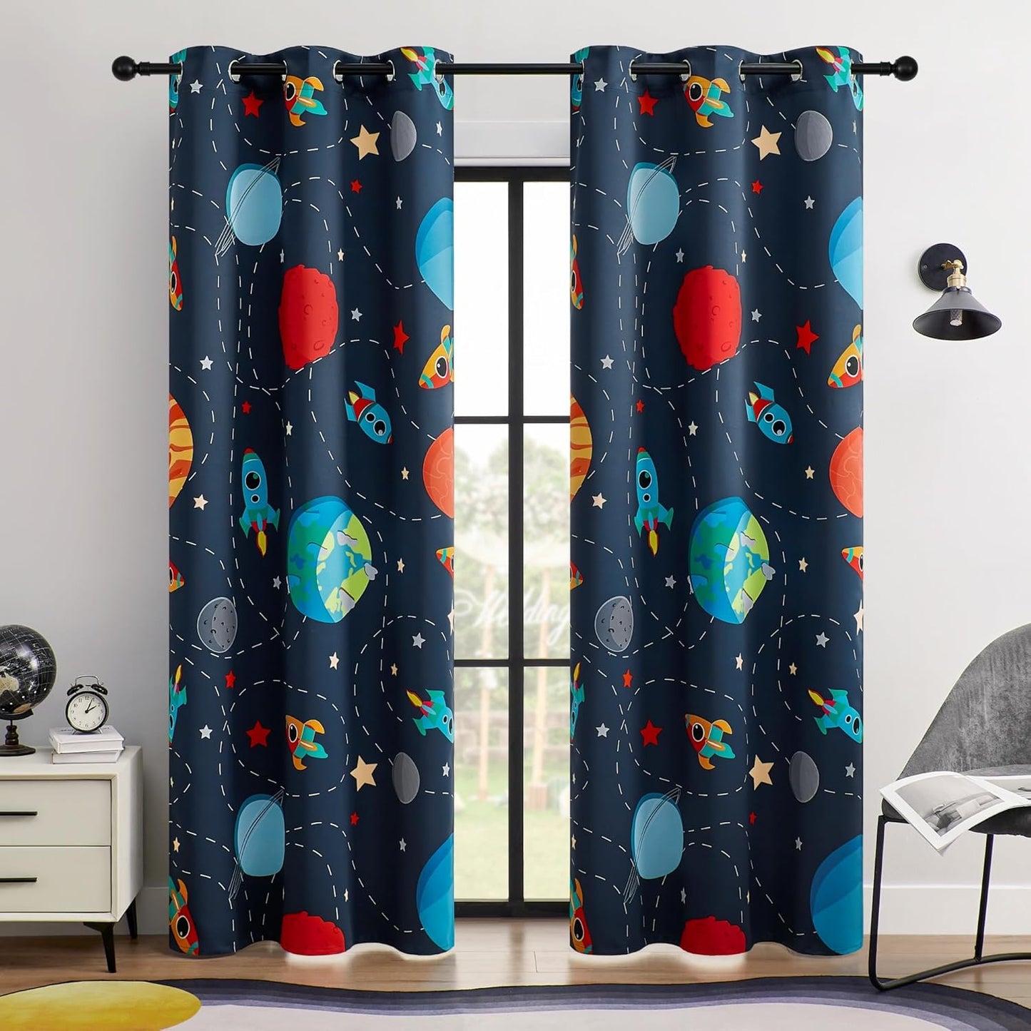 Kids Space Themed Blackout Curtains - 100% Blackout, Perfect for Bedroom and Nursery with Vibrant Cosmos Patterns, Noise Reduction, Thermal Insulated, 2 Panels (Space, W42×L96)