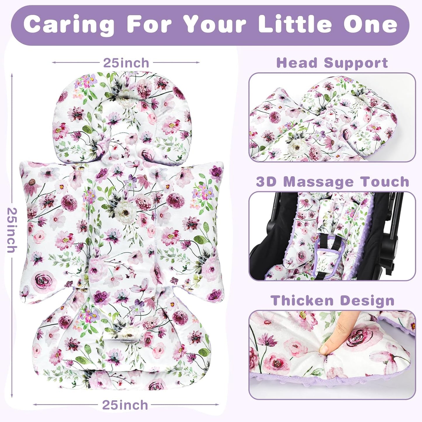 3-in-1 Infant Car Seat Insert, Soft Head and Body Support,Ultra & Strap Covers Set, Reversible Newborn Car Seat Cushion Pad for Baby Boy & Girl fits Stroller, Swing, Bouncer (Purple Flowers)
