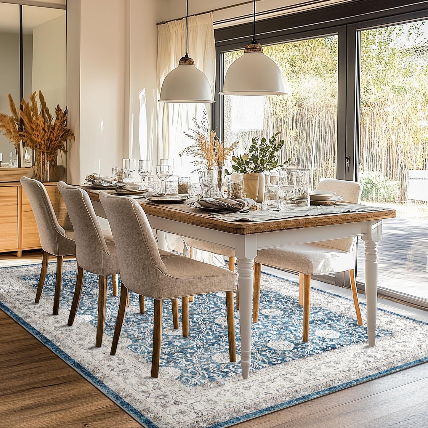 jinchan Floral 8x10 Area Rugs for Living Room Machine Washable Vintage Distressed Boho Design Throw Rug Stain Resistant Carpet Low-Pile Thin Non-Slip for Bedroom Dining Room Nursery (8‘x10',Dark Blue)