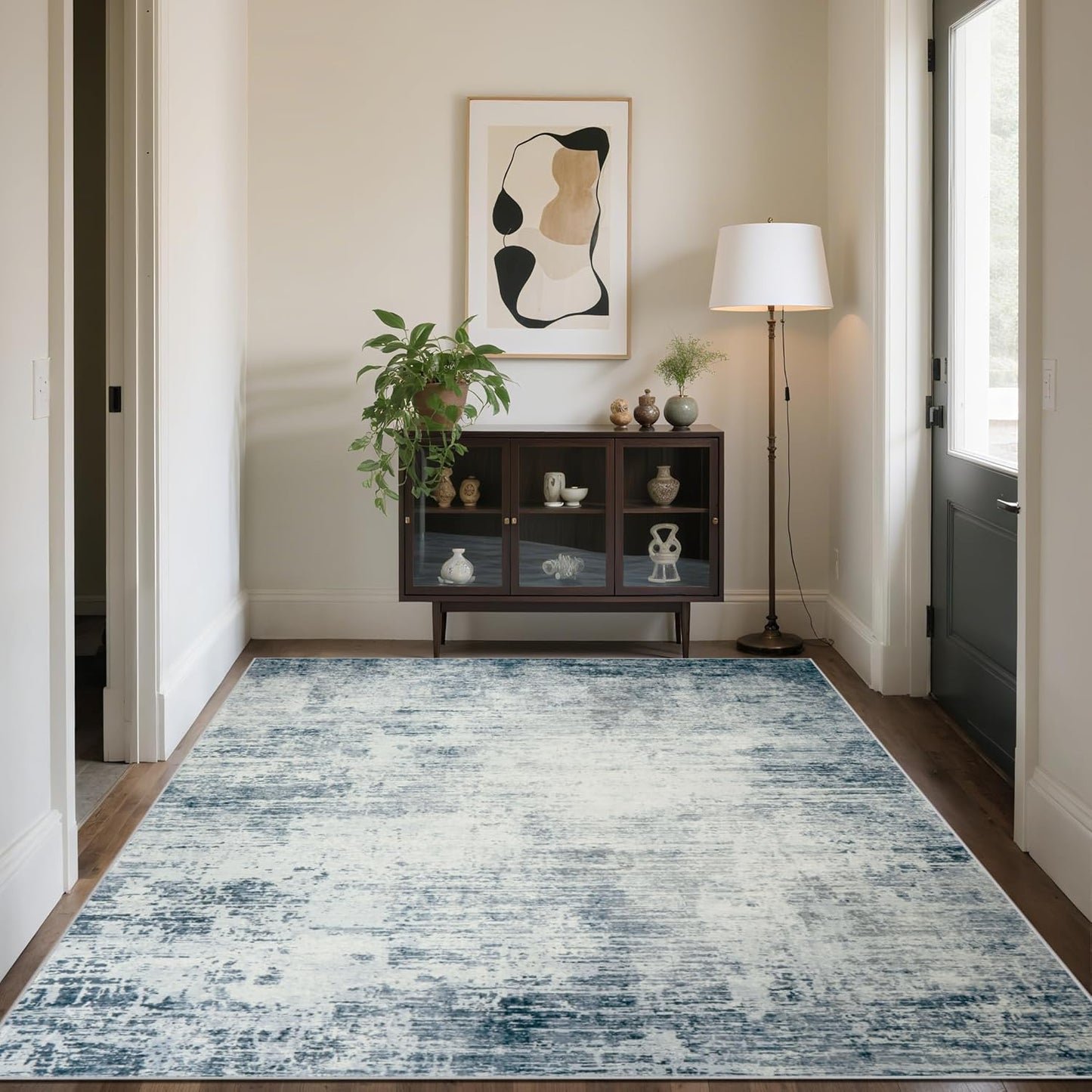 Area Rugs 8x10 Living Room Rugs: Modern Abstract Washable Rug with with Non-Slip Backing, Stain Resistant Indoor Floor Large Carpet for Bedroom Dining Room Table Nursery Hallway Home Office-Blue/Ivory
