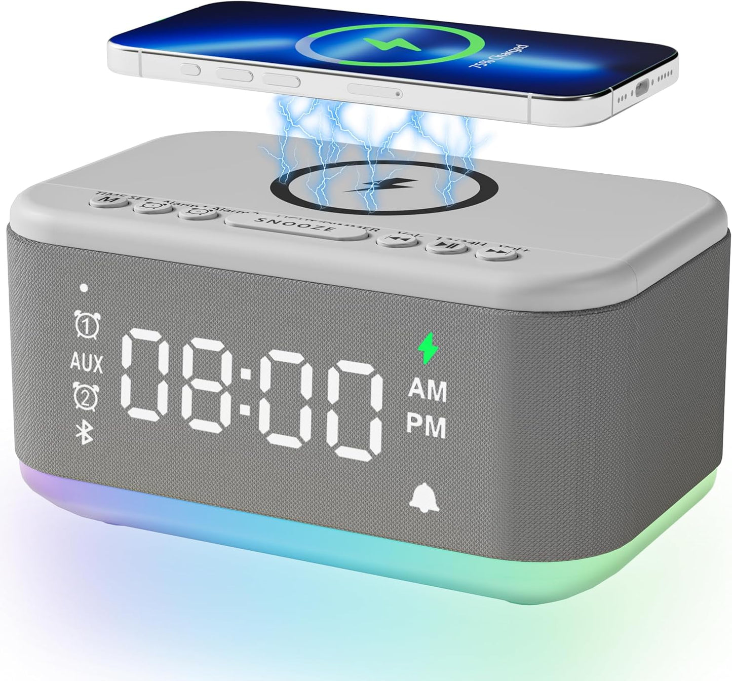 Alarm Clock Speaker Wireless Charger, Digital Alarm Clocks Bedrooms Bluetooth, Alarm Clock Dimmable Light Bedrooms Dual Alarm Snooze Dimmer 12 24H RGB Night Light Bluetooth USB AUX, Gray