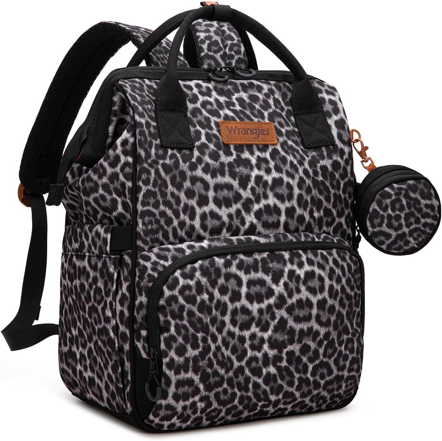 Wrangler Leopard Print Backpack Multifunction Baby Travel Bag with Changing Pad, Stroller Straps and Pacifier Case WG2204-91103LP-BK