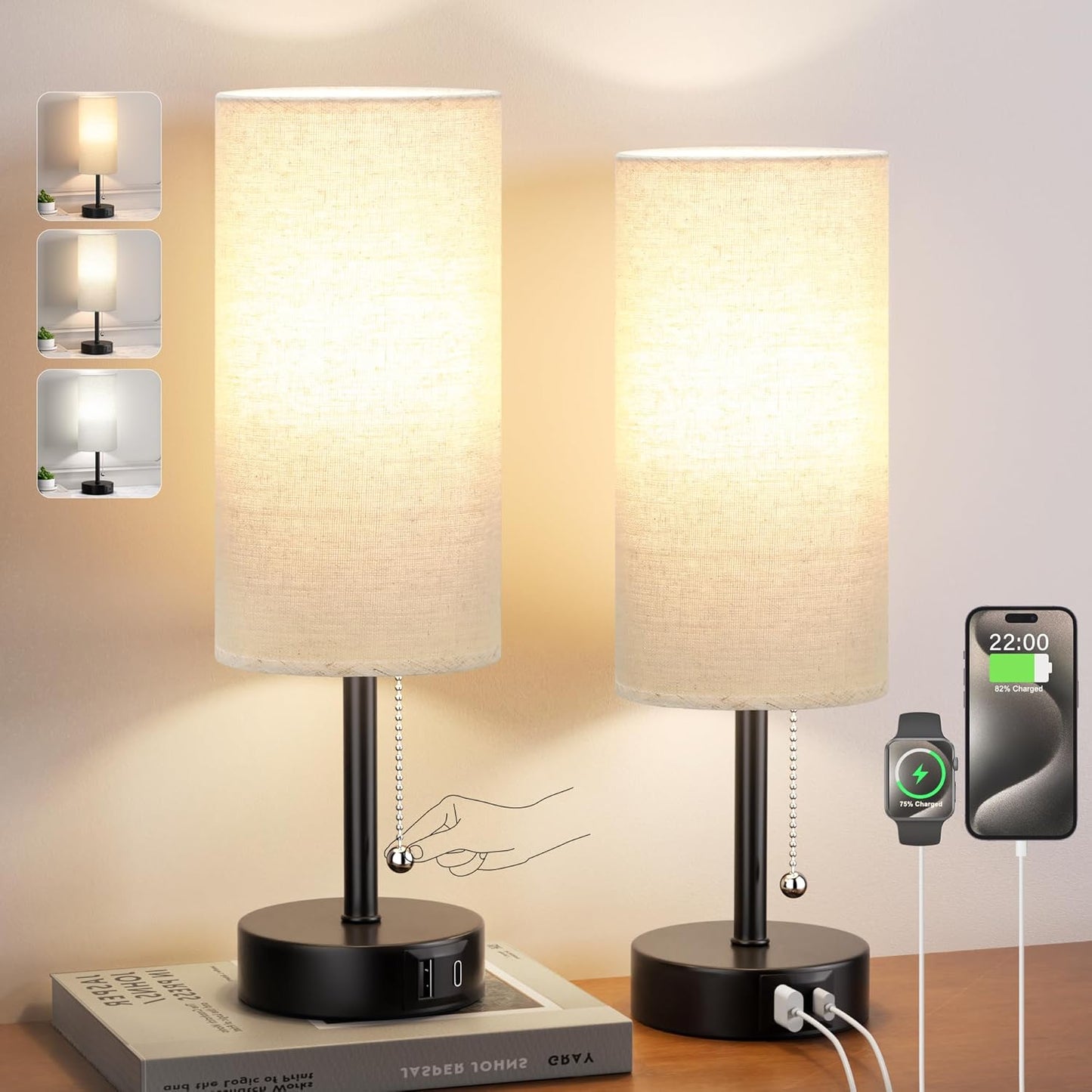 Bedside Lamps for Bedroom Set of 2 - Nightstand Table Lamp with USB A + C Charging Port, 3 Color Temperatures Pull Chain Night Stand Light, Side Table Desk Reading Lamp for Living Room/Dorm Room