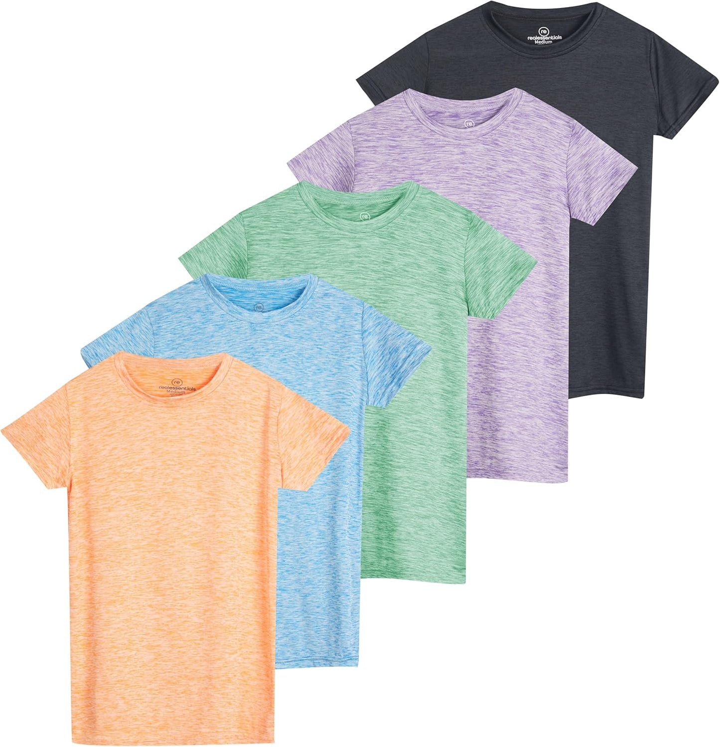Real Essentials 5 Pack: Girls Short Sleeve Dry-Fit Crew Neck Active Athletic Performance T-Shirt