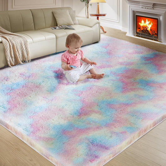 Ultra Soft Rug for Living Room, 9X12 Fluffy Shag Area Rug for Bedroom, Modern Shaggy Carpets Fuzzy Rug for Teens Dorm Nursery Home Decor Aesthetic, Upgrade Anti-Skid Durable, Rainbow