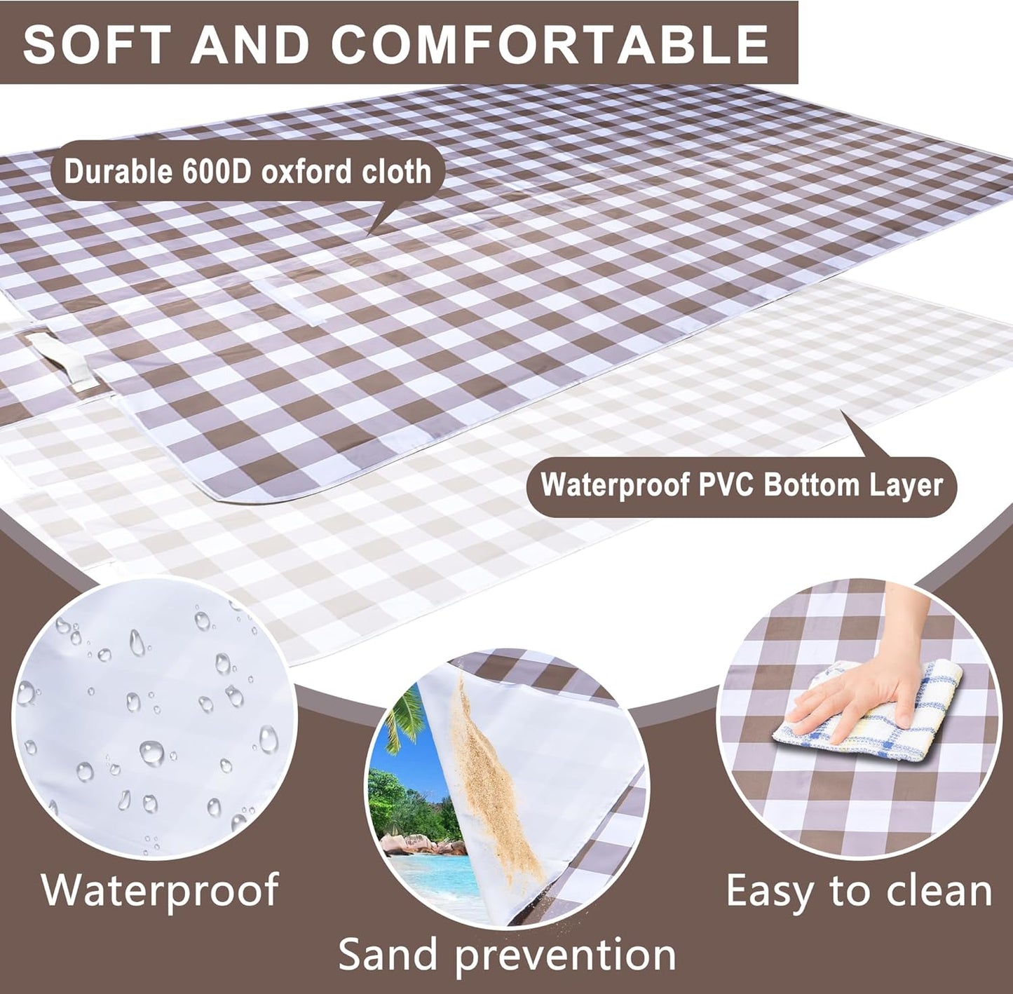 80"x60" Waterproof Sandproof Picnic Mat - Portable Foldable Outdoor Blanket for Beach, Park, Travel & Indoor Use - Lightweight Compact Design, Easy-Carry (Light Brown)
