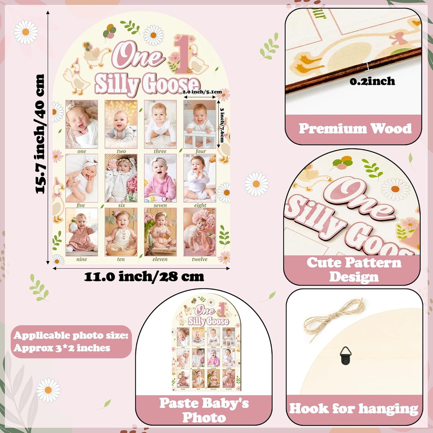 R HORSE My First Year Photo Frame Board, 3D One Silly Goose Birthday Decorations Display Wood Board, Baby First Year Picture Frame 12 Months Milestone 1st Birthday Nursery Decor Gift for Boy Girl