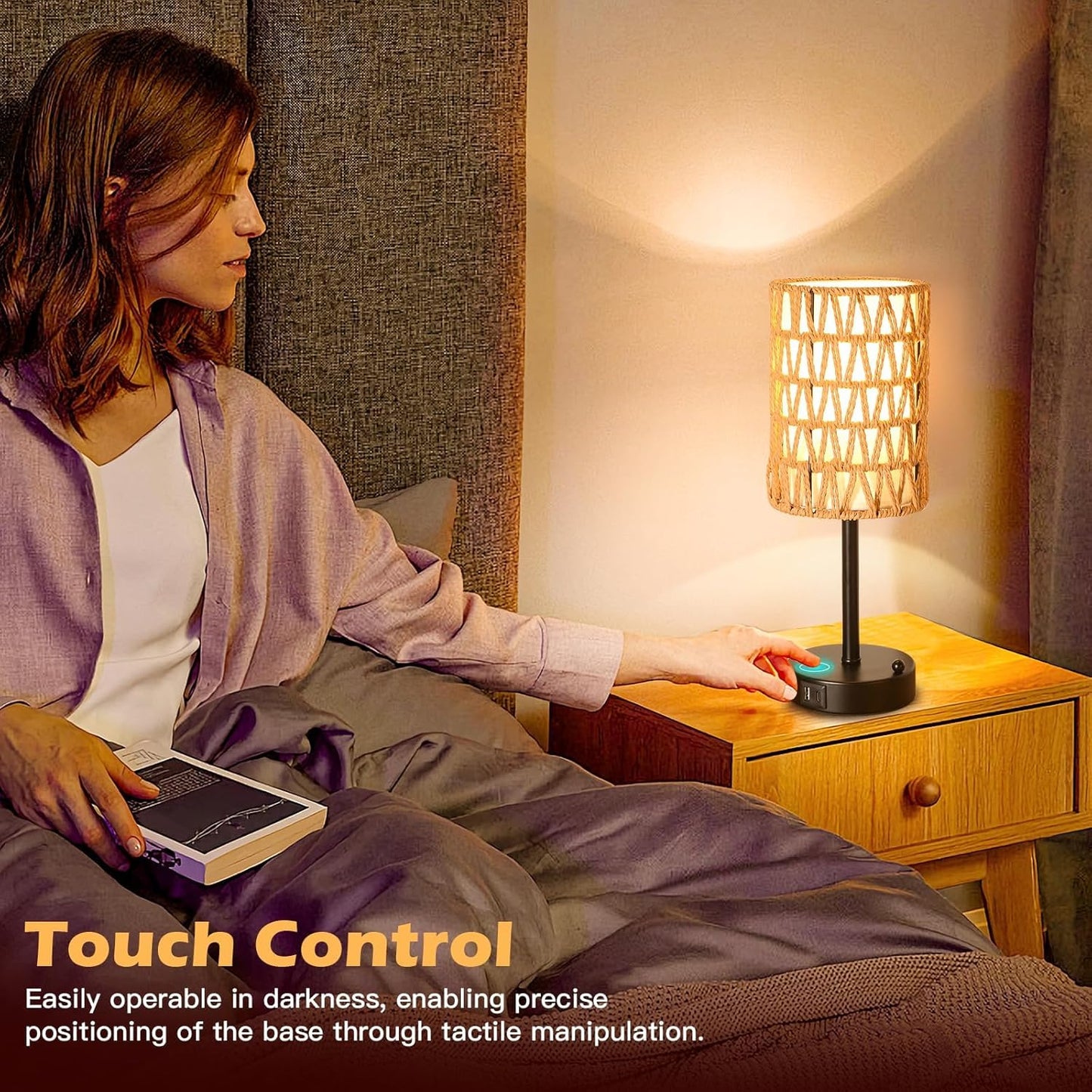 Rattan Table Lamps for Living Room, 3 Way Dimmable Touch Lamps, Small Bedside Lamps with LED Bulbs, Phone Stand, USB Ports and AC Outlet, Boho Nightstand Lamp for Kids Room, Bedroom, Office (1 Pack)