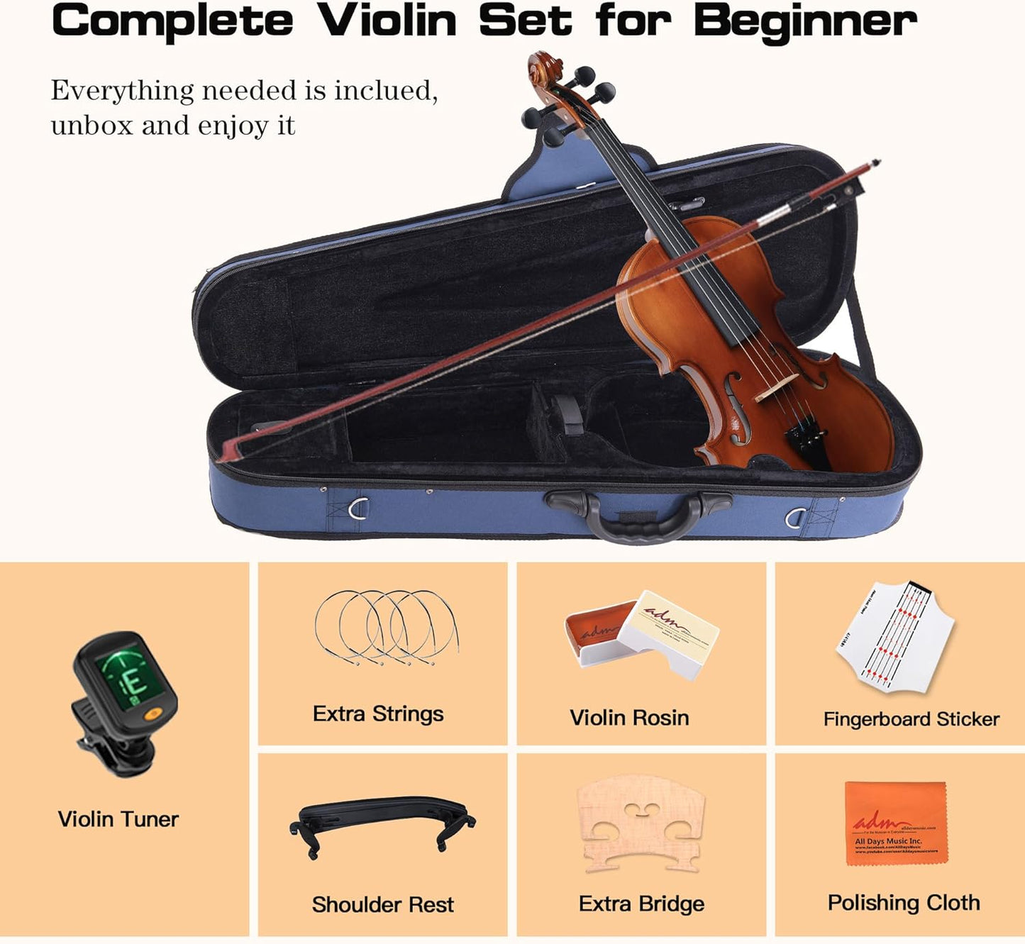 ADM 4/4 Full Size Wood Violin Set for Kids Teens Students Adults Beginner Acoustic Violin Glossy Fiddle Starter Kit with Hard Case, Rosin, Shoulder Rest, Bow, Clip-on Tuner and Fingerboard Sticker