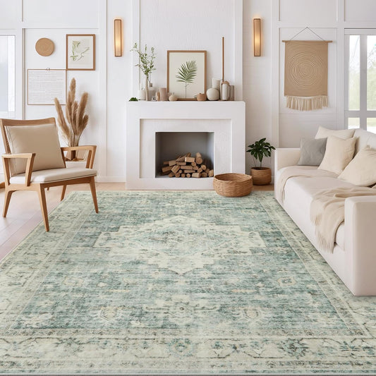 LIVEBOX Washable Area Rug 10x14 Rugs for Living Room Bedroom, Non-Slip Boho Indoor Carpet for Dining Room Office, Low-Pile Farmhouse Soft Carpets for Kids Nursery Playroom, Sage Green