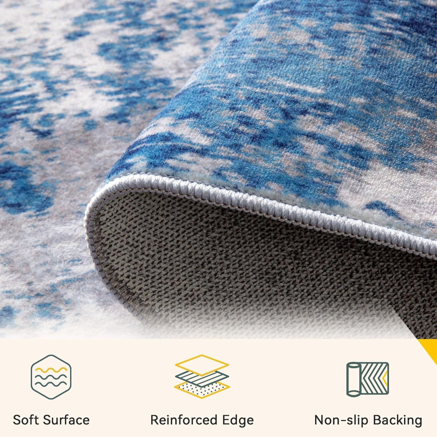 Washable Area Rugs 9'x12' Non-Slip Modern Abstract Soft for Living Room Entryway Bedroom, Print Pattern, Blue Grey Navy Gray