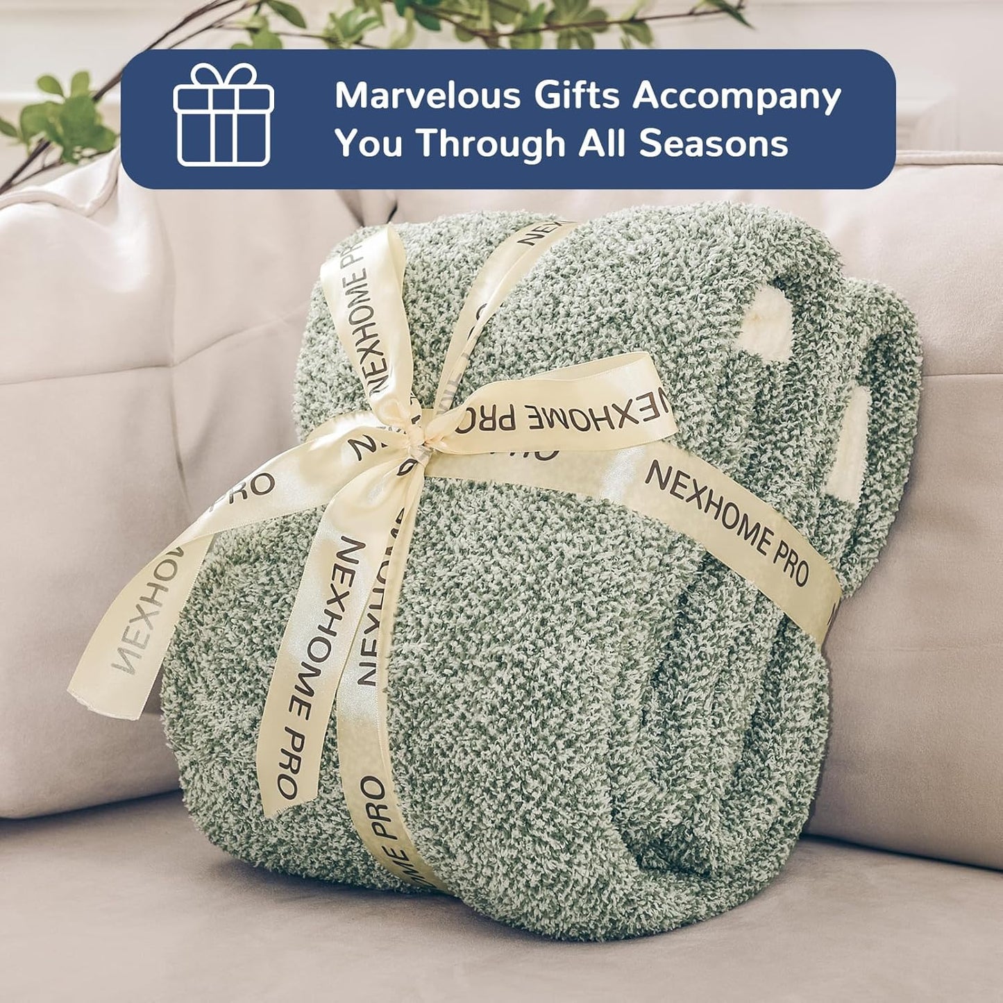 NEXHOME PRO Super Soft Throw Blankets for Couch, Reversible Warm Blankets Cozy Knit Blanket for Women, Fuzzy Plush Lightweight Throws for Sofa, Bed, Picnic, Sage Green White, 50 x 60 inches