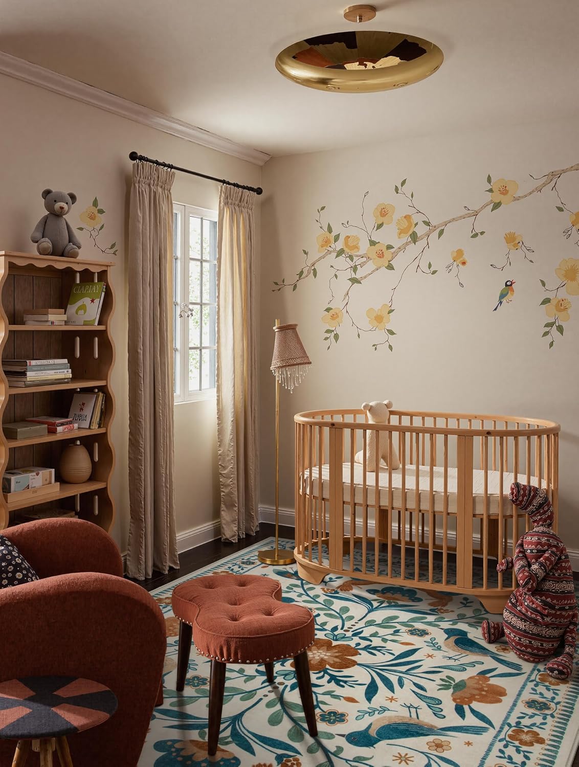 Moynesa Boho Birds Area Rug 5x7 Washable Rug, Floral Carpet for Living Room Low-Pile Soft Bedroom Rugs, Jungle Animal Beige Dining Room Rug Indoor Non-Slip Floor Carpet for Playroom