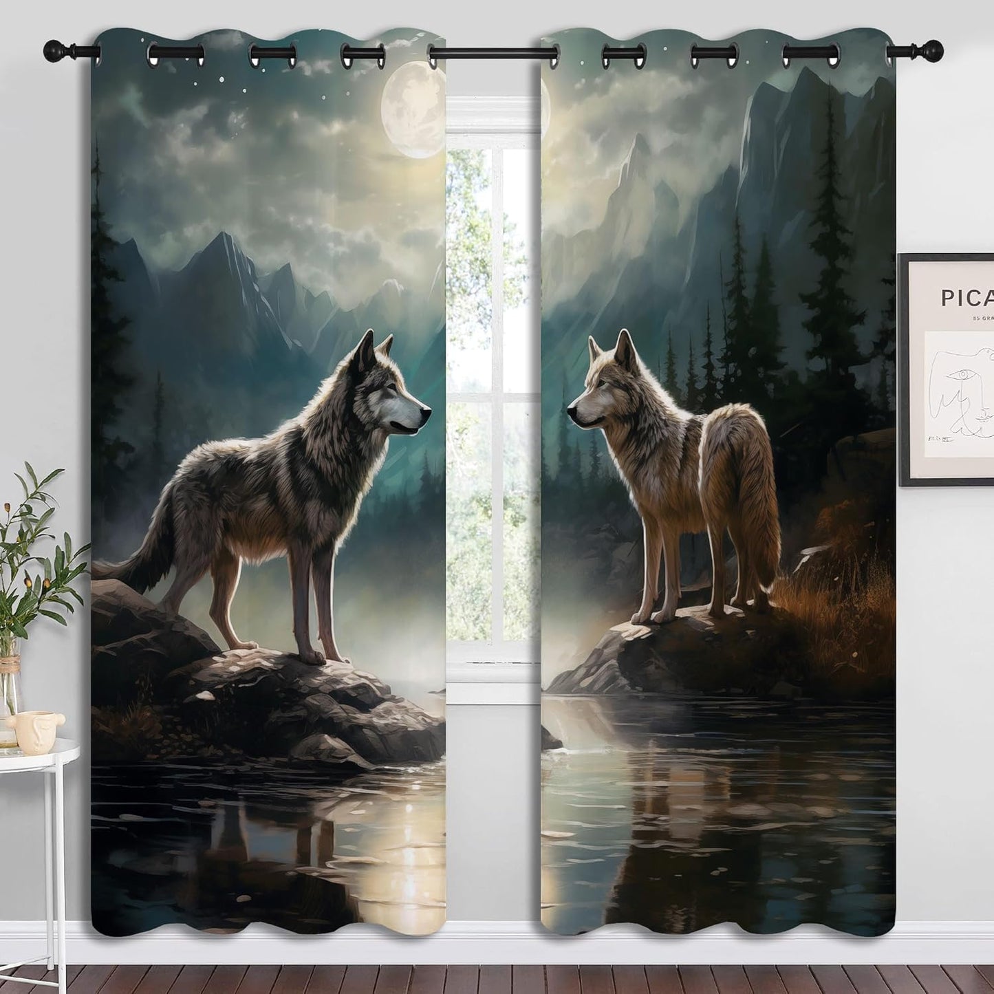 Wolf Blackout Curtains for Boys Girl Bedroom Decor,Moon Mountain Pine Forest Wild Animals Thermal Insulated Grommet Drapes Darkening Window Curtain for Living Room Home 72x63 inch
