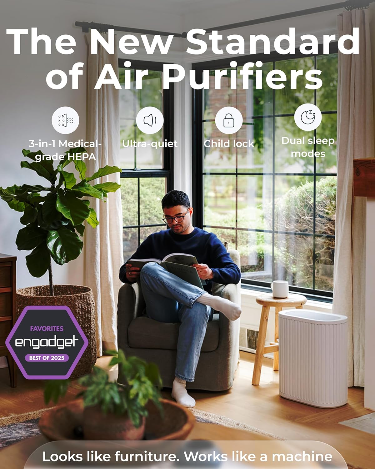 Windmill Air Purifier for Home - 3-In-1 Filtration for Smoke & More - True HEPA Filter, Activated Carbon, & Pre-Filter - Covers Up To 1950 sq ft - Ultra-Quiet - App Compatible - White