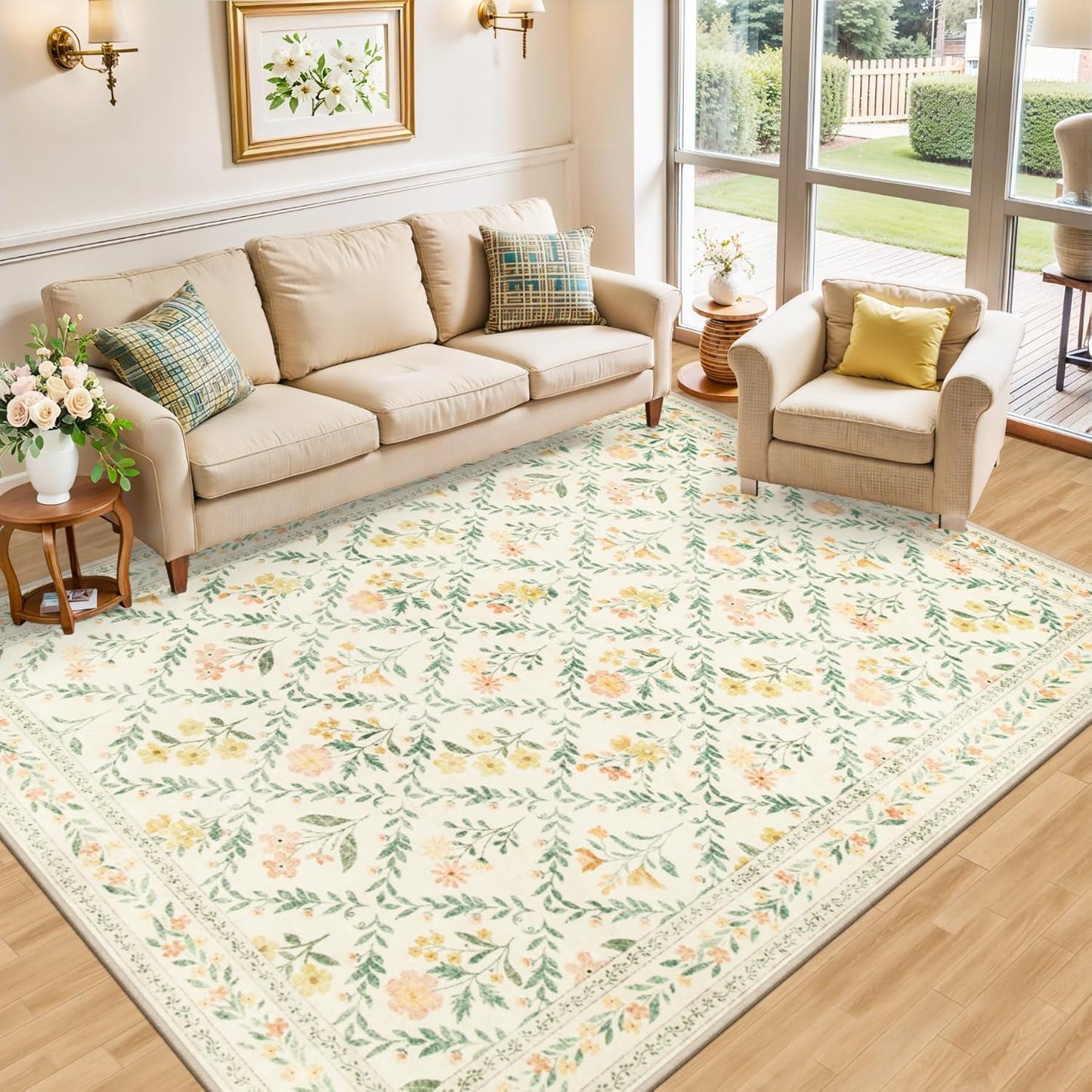 10x12 Area Rugs for Living Room: Floral Washable Rug Vintage Large Soft Boho Non-Slip Carpet Stain Resistant Low Pile Carpets for Bedroom Dining Room Farmhouse Nursery Hallway Home Office Beige/Multi