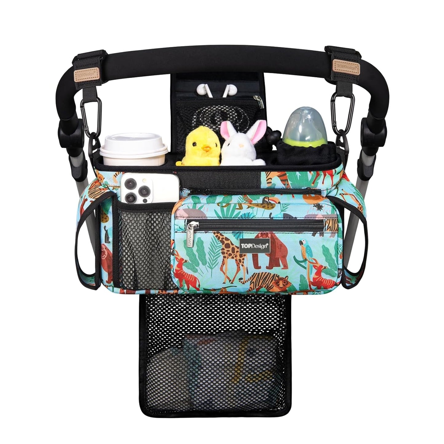 TOPDesign Universal Baby Stroller Organizer, Stroller Caddy with Detachable Mesh Bag & Heightened Insulated Cup Holders & Non-Slip Secure Hooks Accessories, Fits Most Strollers (Tropical Rainforest)