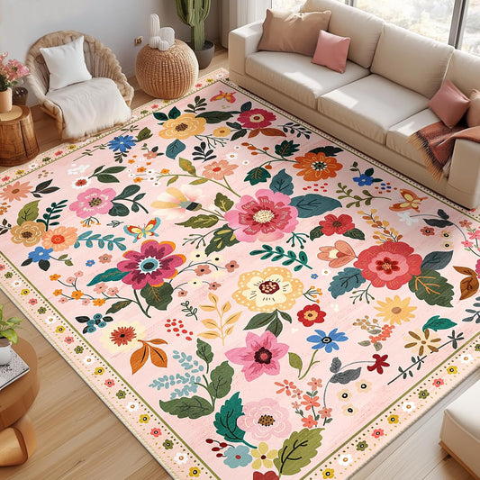 Floral 8x10 Area Rug Machine Washable Soft Print Boho Carpet Non Slip Doormat Low Pile Flower Area Rugs for Living Room Bedroom Nursery Kitchen Dining Room Indoor-Pink