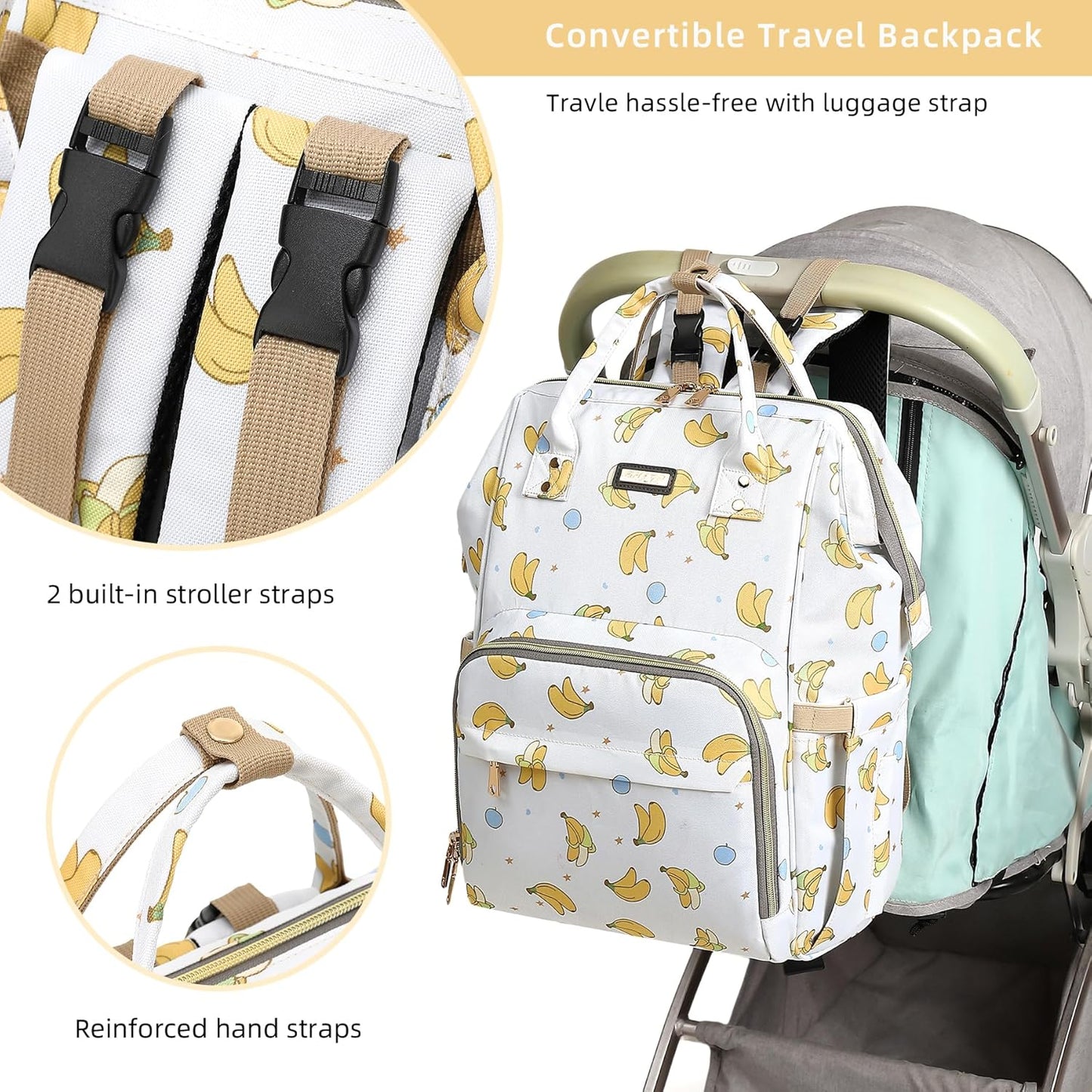 Diaper Bag Backpack, Diaper Bags for Baby Girls Boys, Baby Bags for Moms Dads, Nappy Changing Bag with Insulated Pockets,Multi-functional Waterproof Backpack with Stroller straps -Beige Banana